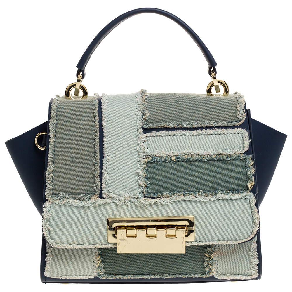 ZAC POSEN BLUE DENIM AND LEATHER EARTHA PATCHWORK TOP HANDLE BAG