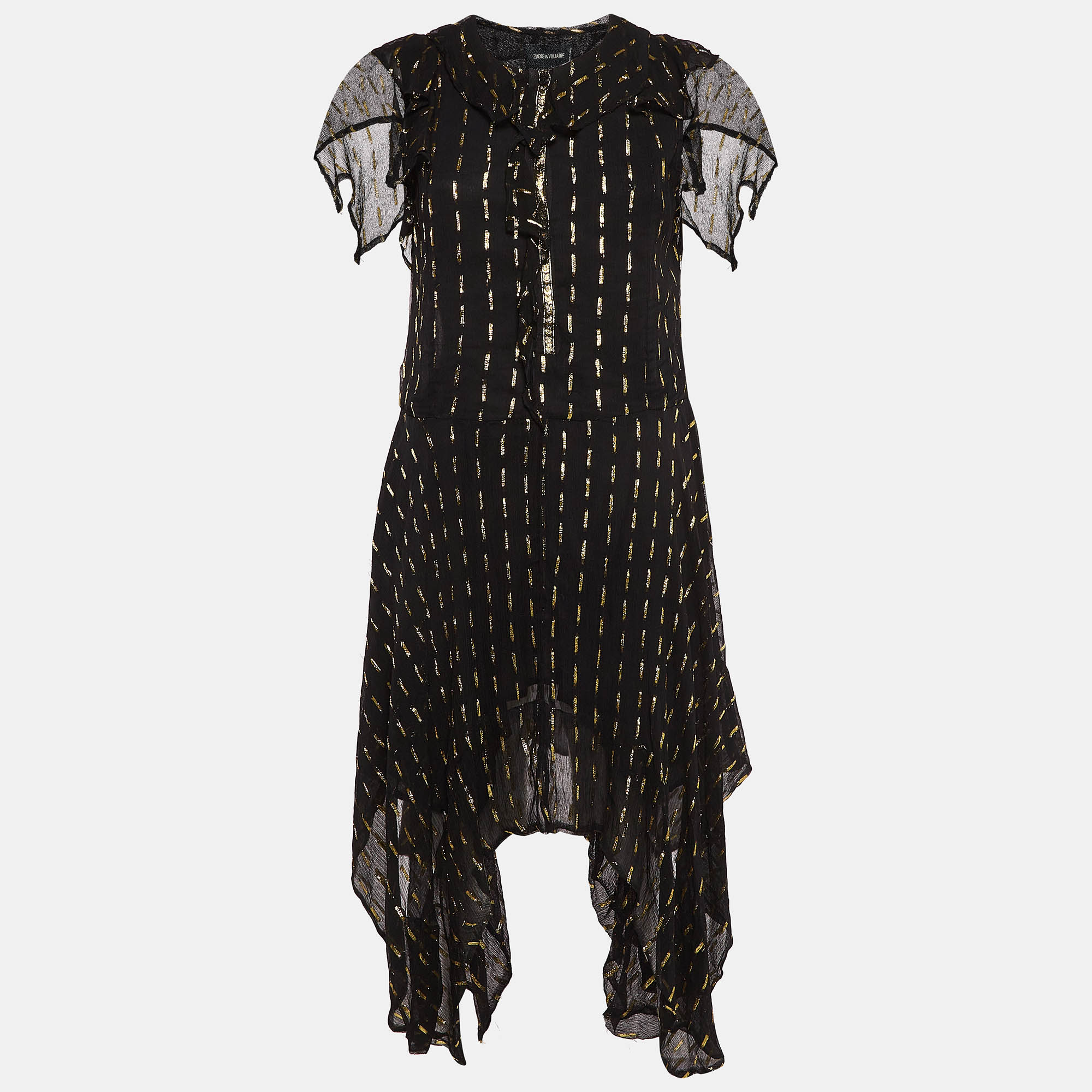 

Zadig & Voltaire Black/Gold Crepe Rool Shiny Ruffled Dress M