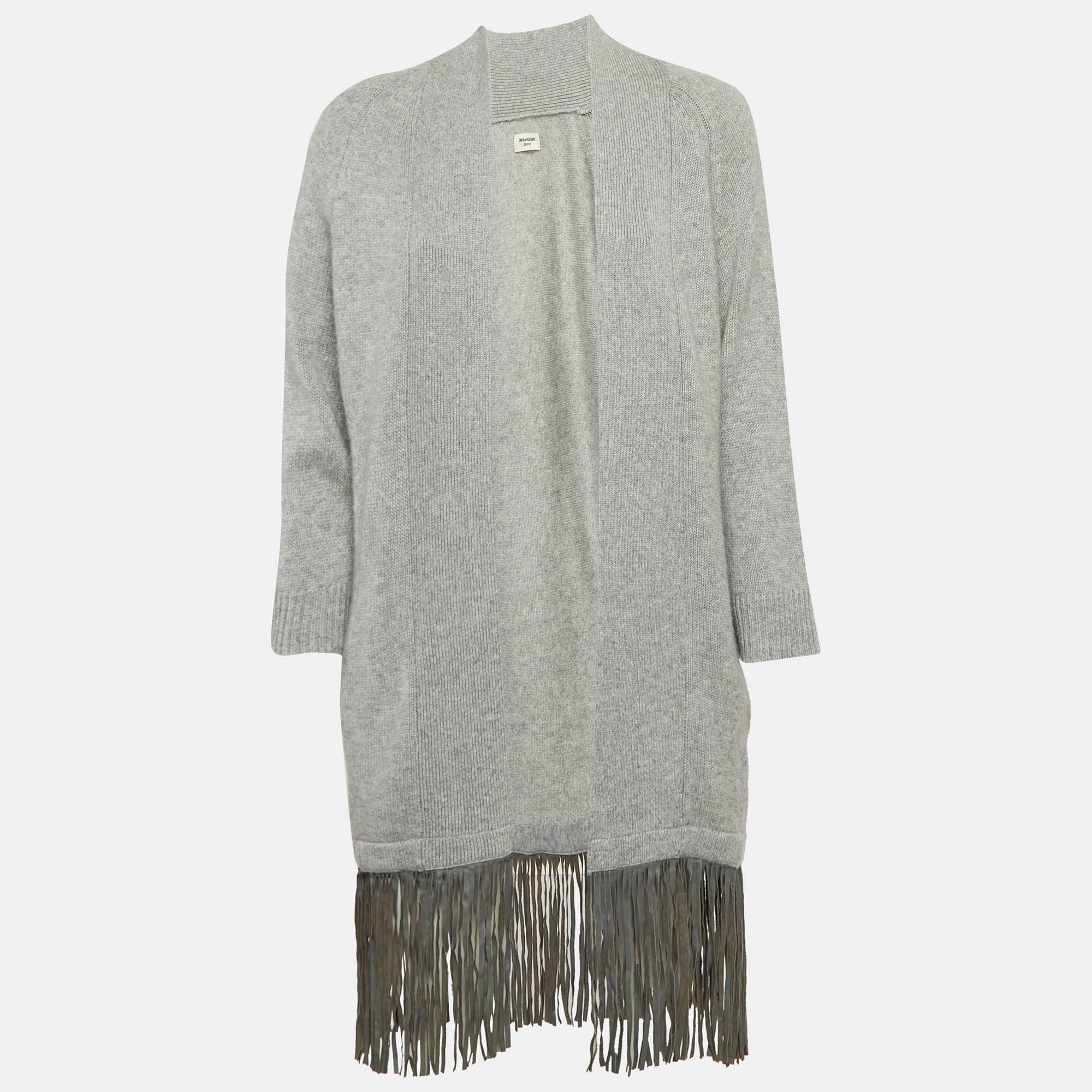 Pre-owned Zadig & Voltaire Delux Grey Cashmere Knit Open Front Fringed Cardigan Xs/s