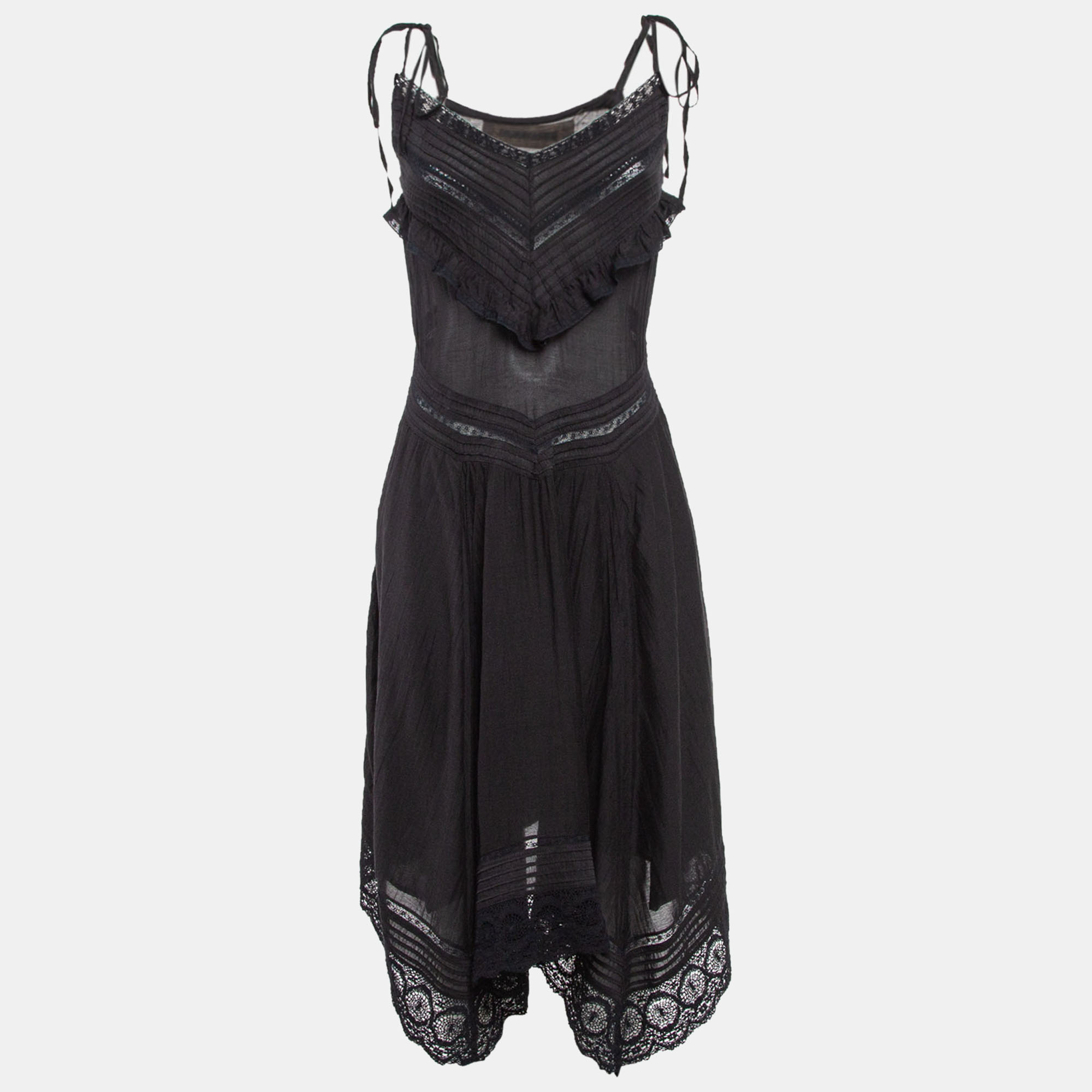 Pre-owned Zadig & Voltaire Black Lace Trim Cotton Rilli Asymmetric Midi Dress S