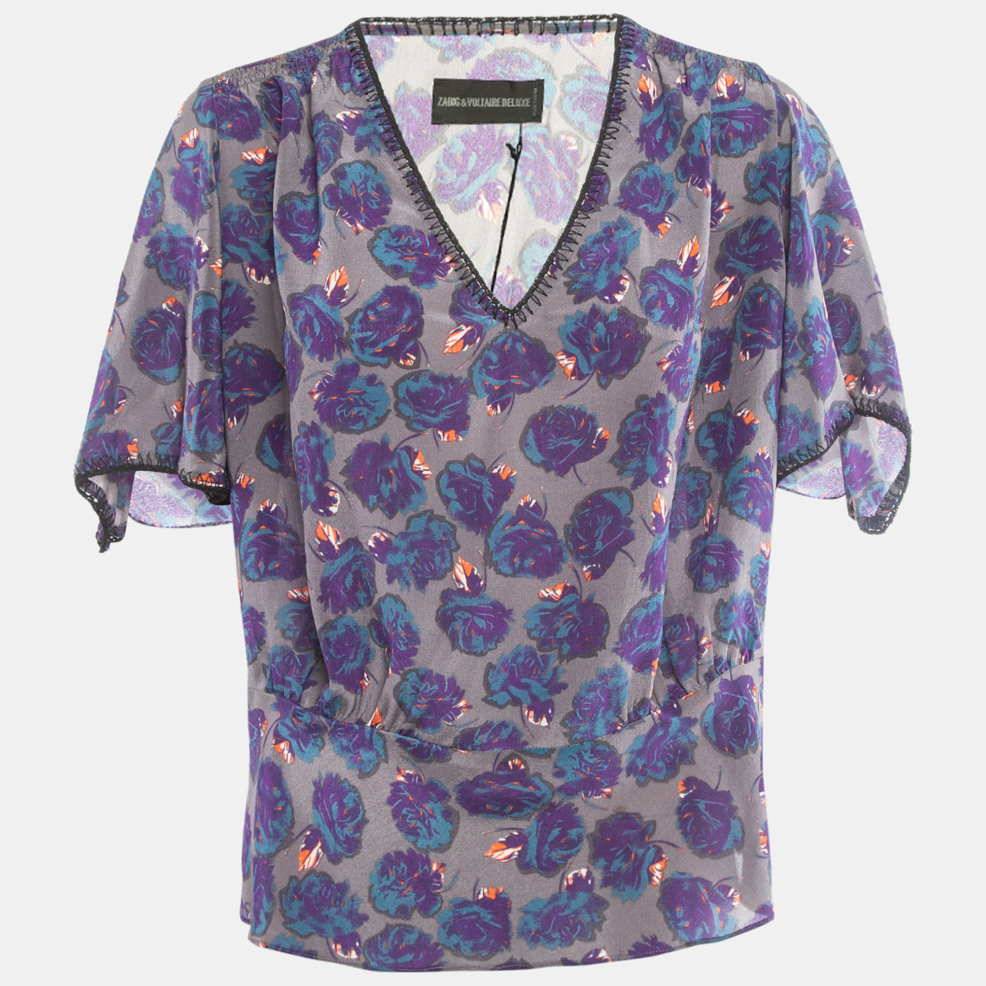 

Zadig & Voltaire Grey/Purple Rose Print Silk Top M