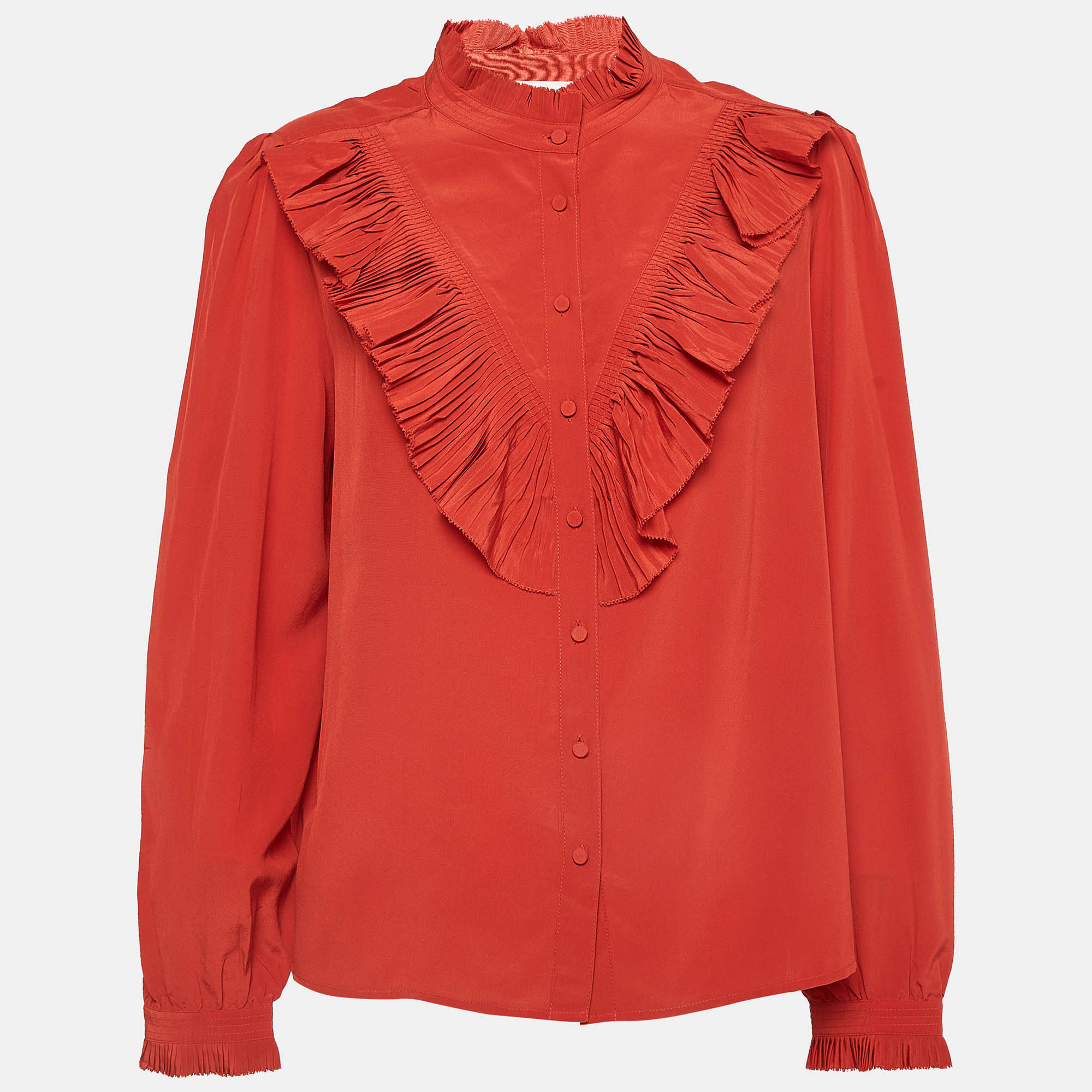 Pre-owned Zadig & Voltaire Red Silk Ruffled Shirt Button Front Blouse L