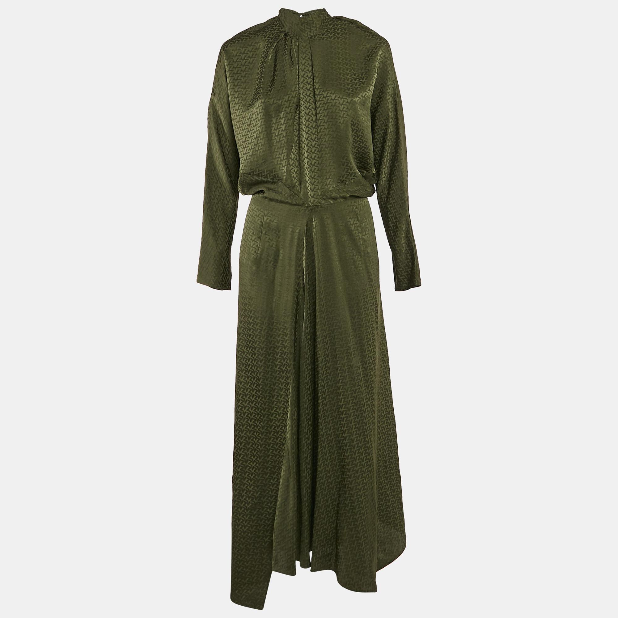 

Zadig & Voltaire Green Logo Jacquard Silk Asymmetric Tie-Up Detail Midi Dress M