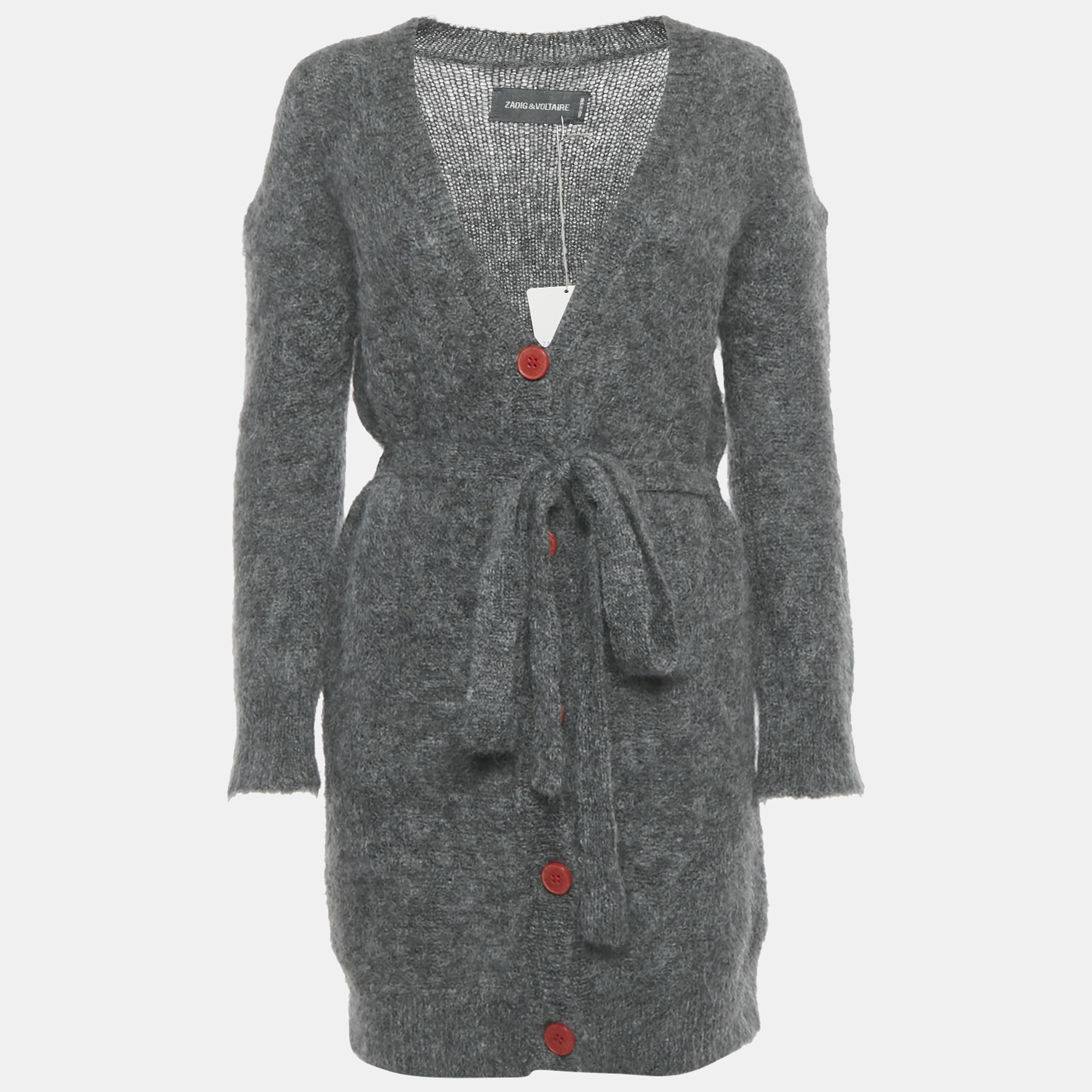 Pre-owned Zadig & Voltaire Grey Mohair Wool Belted Romy Long Cardigan S In Gray