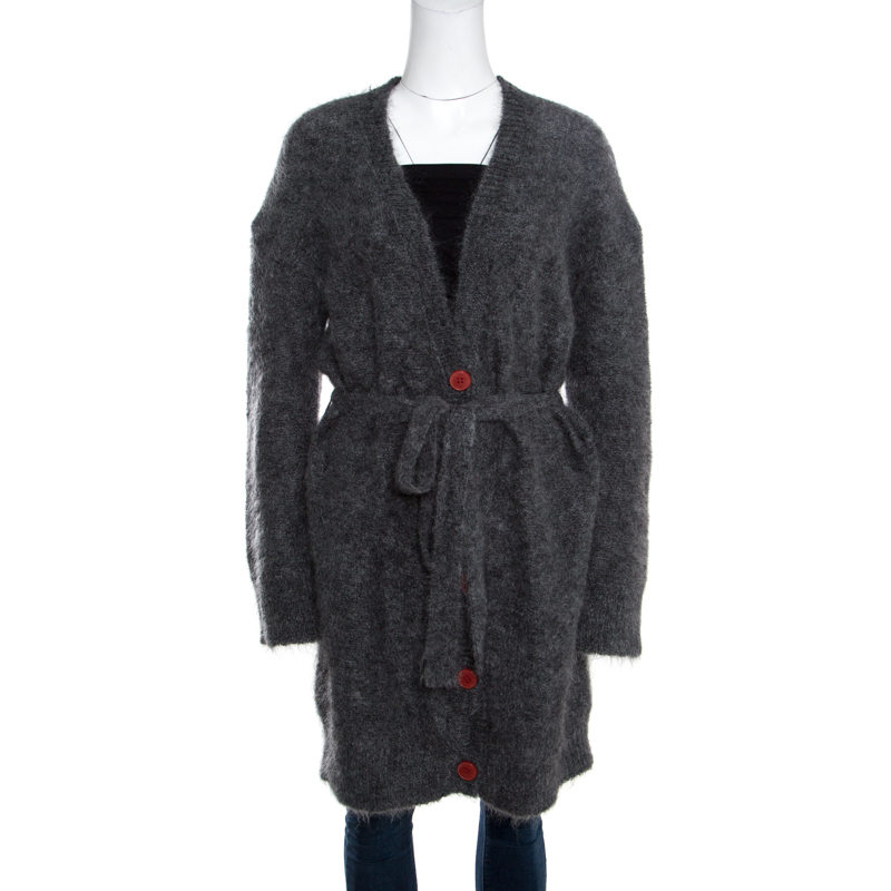 Zadig & Voltaire Mottled Grey Mohair and Wool Belted Long Cardigan M/L