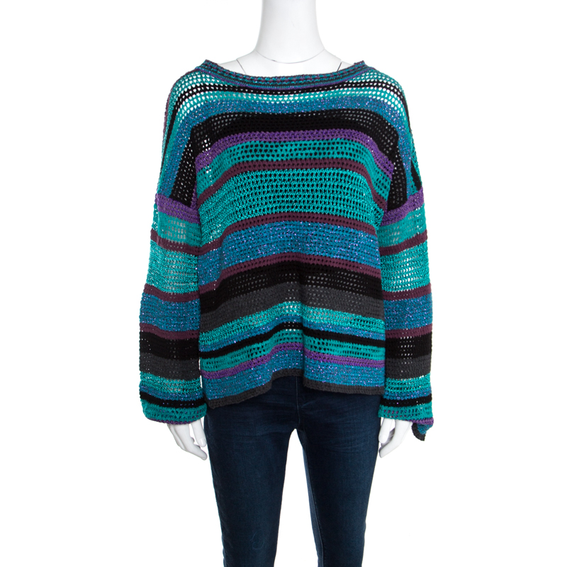 Zadig & Voltaire Multicolor Crochet Knit Striped Bateau Neck Flint Ho Sweater S