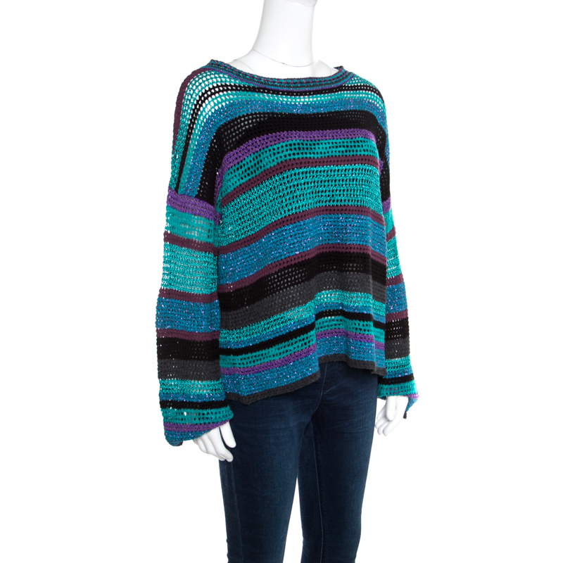 

Zadig & Voltaire Multicolor Crochet Knit Striped Bateau Neck Flint Ho Sweater
