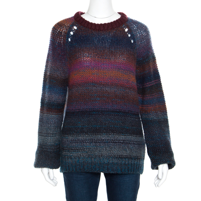 Zadig and Voltaire Striped Wool and Mohair Perforated Raglan Sleeve Kong Pa Sweater L