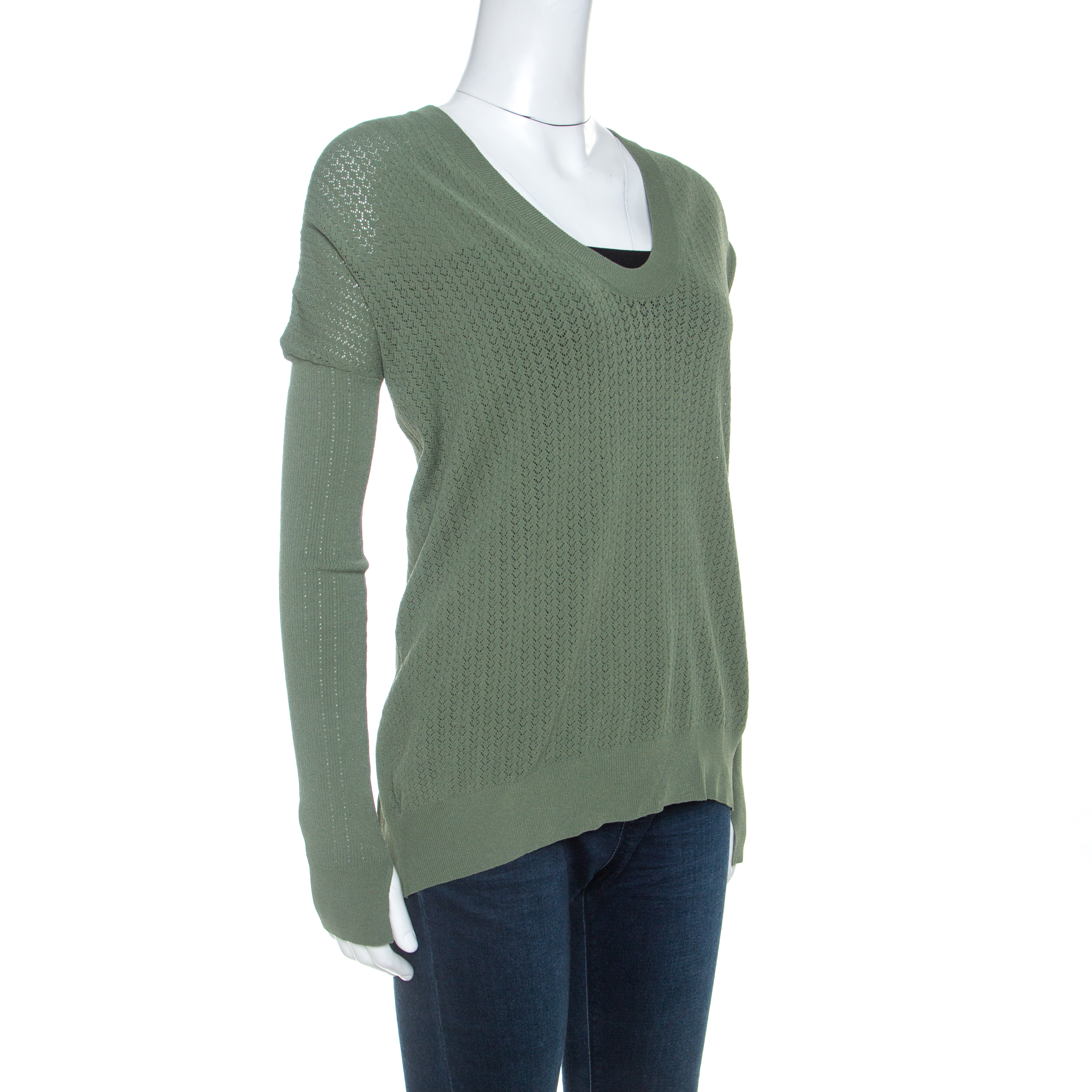 

Zadig and Voltaire Olive Green Perforated Knit Preppy Ve Sweater