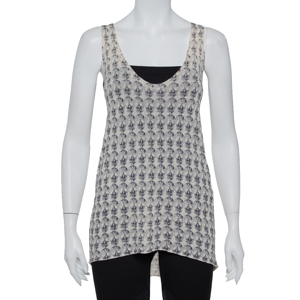 Pre-owned Zadig And Voltaire Cream Scull Printed Joss Linen Knit Tank Top L