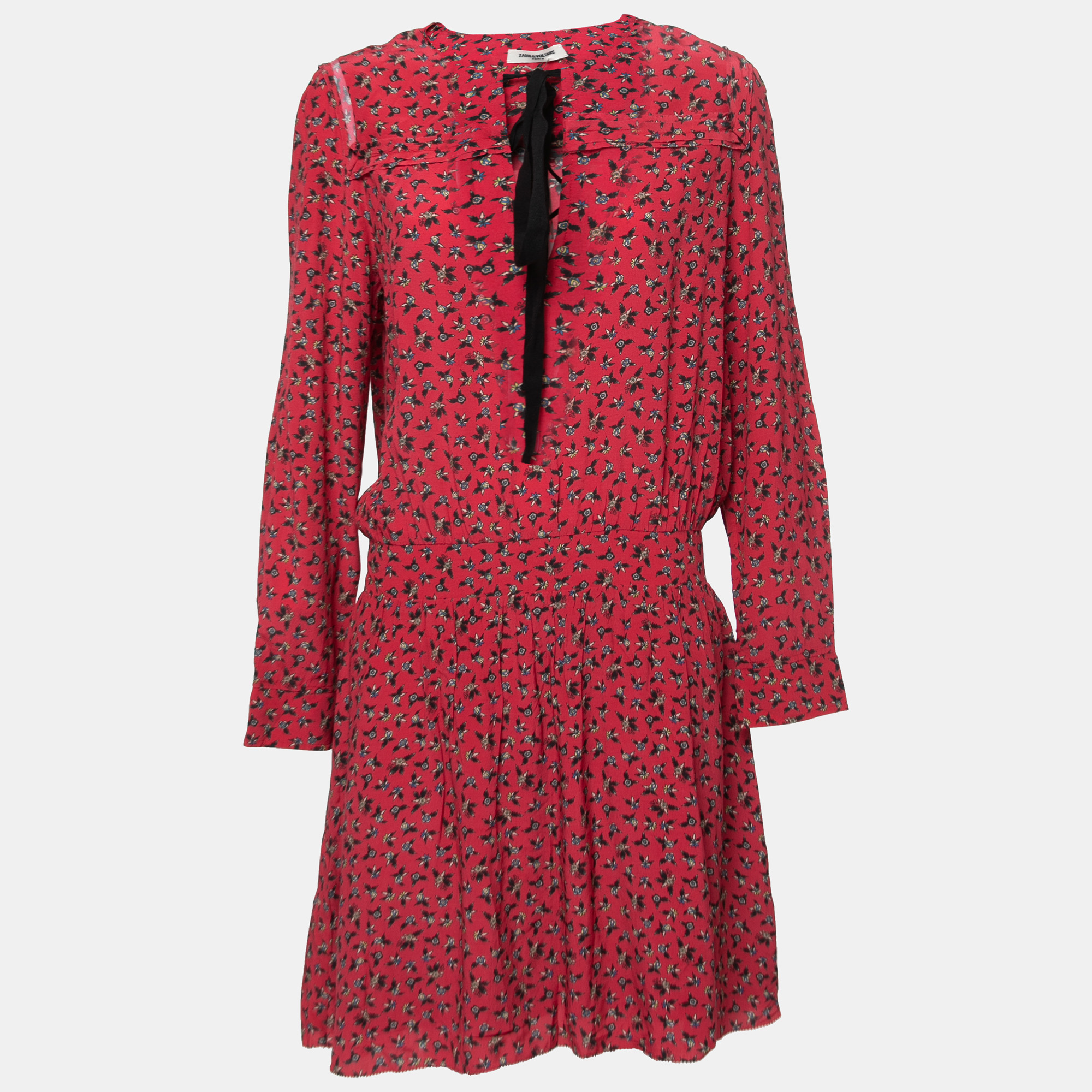 Red Floral Printed Crepe Silk Mini Dress