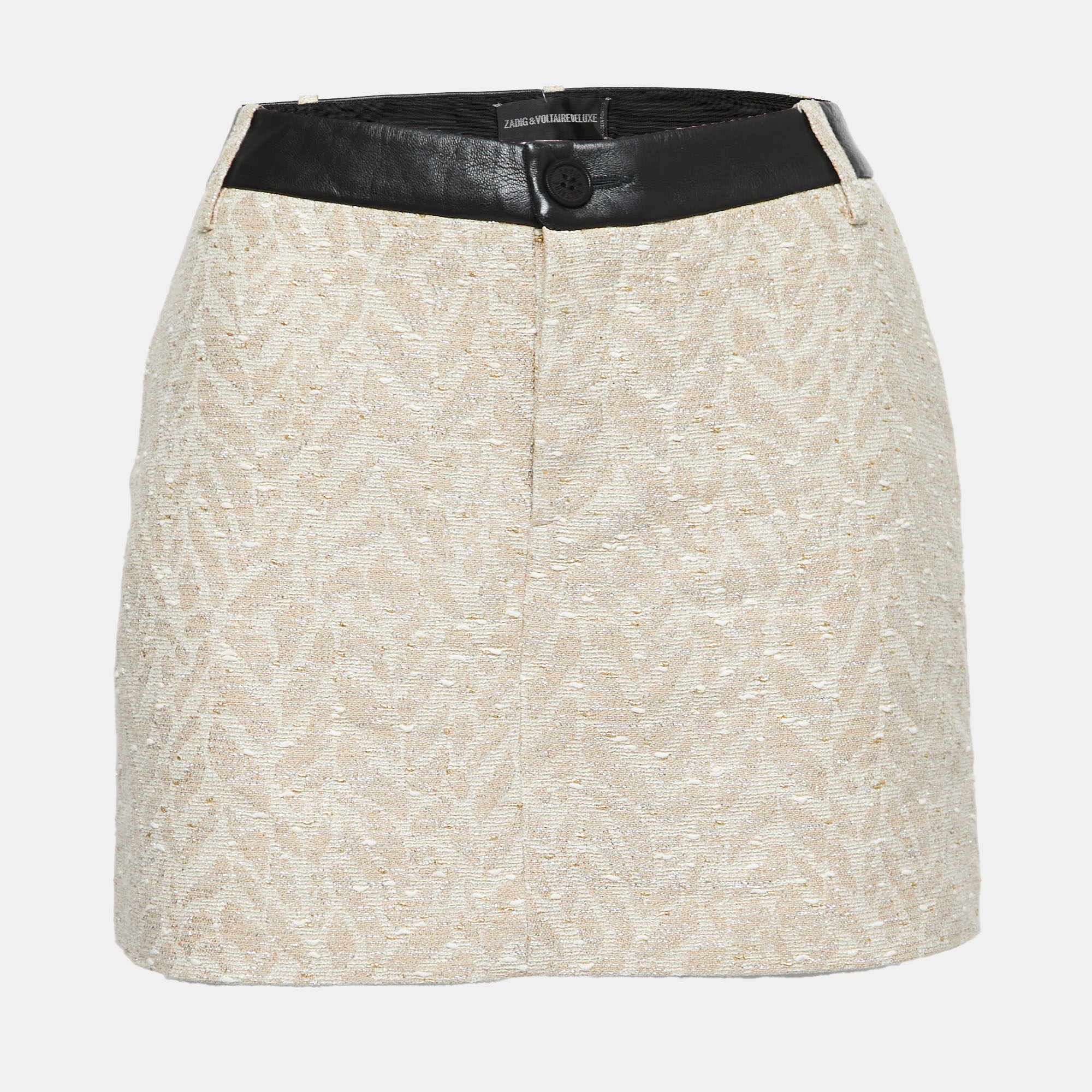 Pre Owned Zadig and Voltaire Deluxe Beige Jacquard & Leather Mini Skirt M