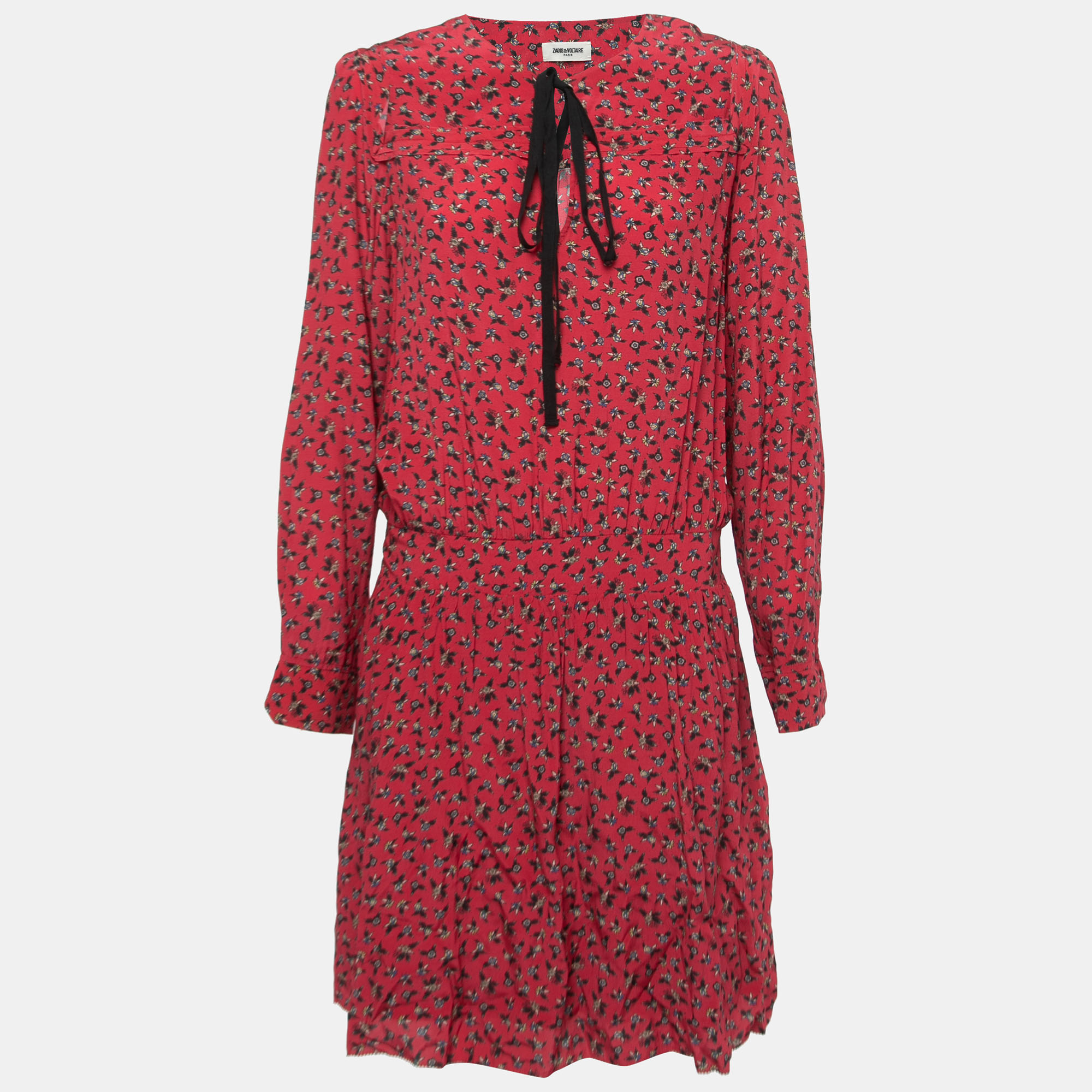 Pre-owned Zadig & Voltaire Zadig And Voltaire Red Floral Printed Crepe Tie Front Midi Dress L