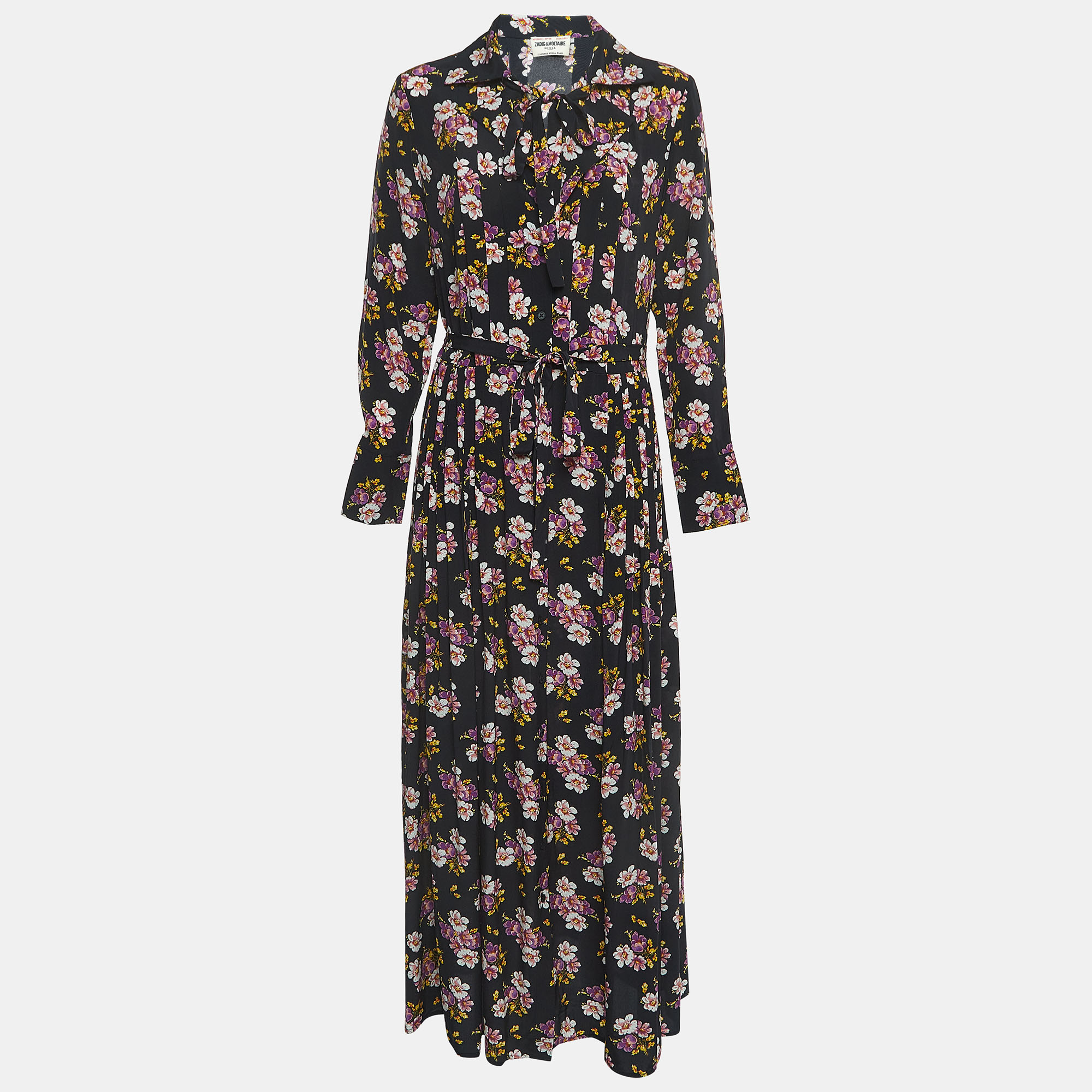 Pre-owned Zadig & Voltaire Black Floral Print Silk Button Front Maxi Dress S In Navy Blue