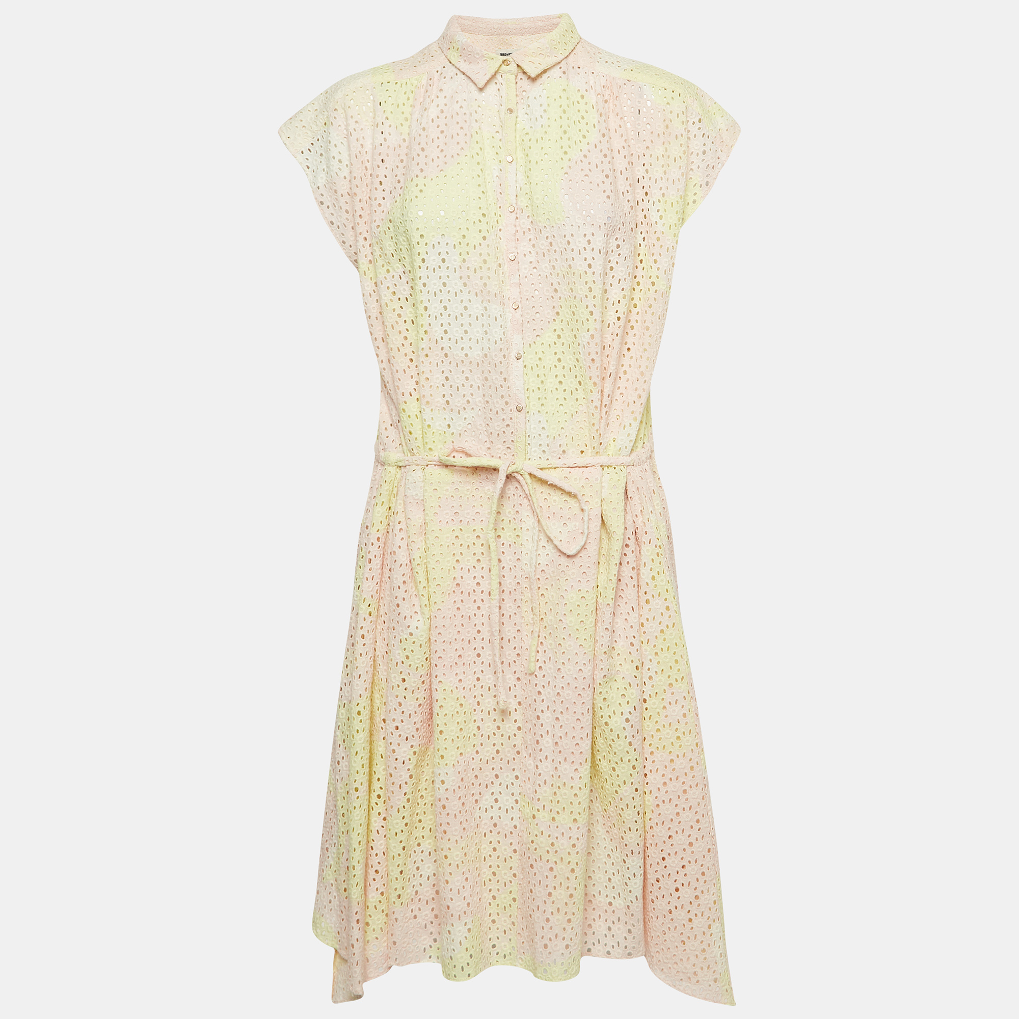 Pre-owned Zadig & Voltaire Pastel Pink/yellow Eyelet Cotton Requiem Camou Dress L