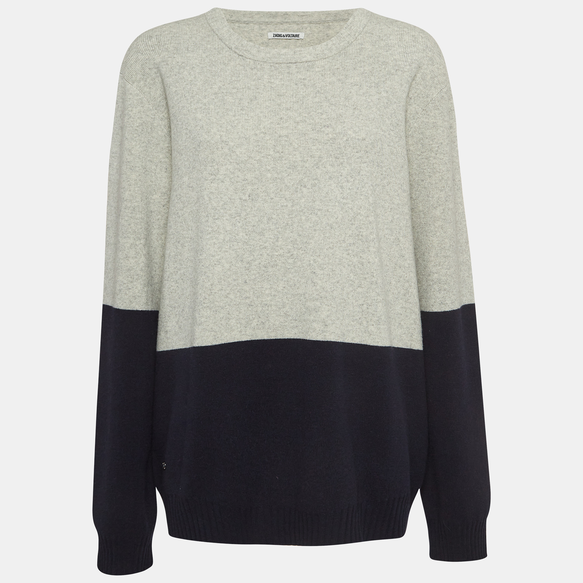 

Zadig & Voltaire Grey/Navy Blue Wool Rib Knit Crew Neck Sweater