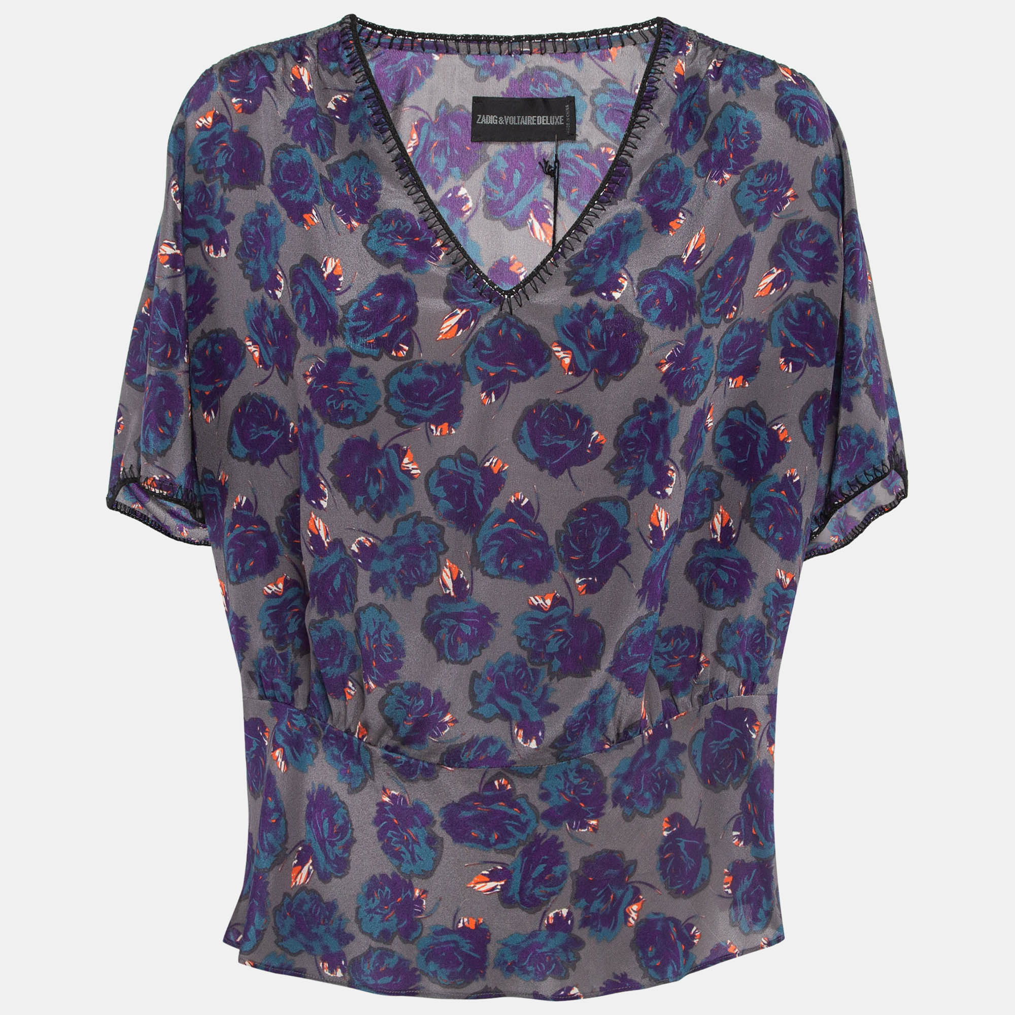 

Zadig & Voltaire Deluxe Purple Toy Roses Silk V-Neck Top M