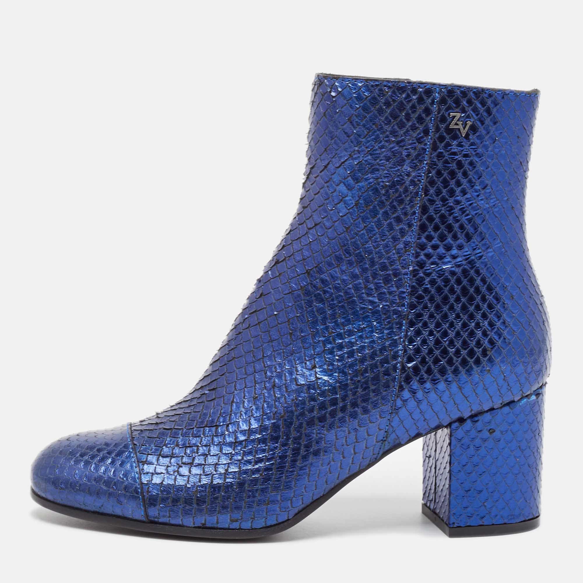 Pre-owned Zadig & Voltaire Blue Python Embossed Leather Block Heel Ankle Length Boots Size 36