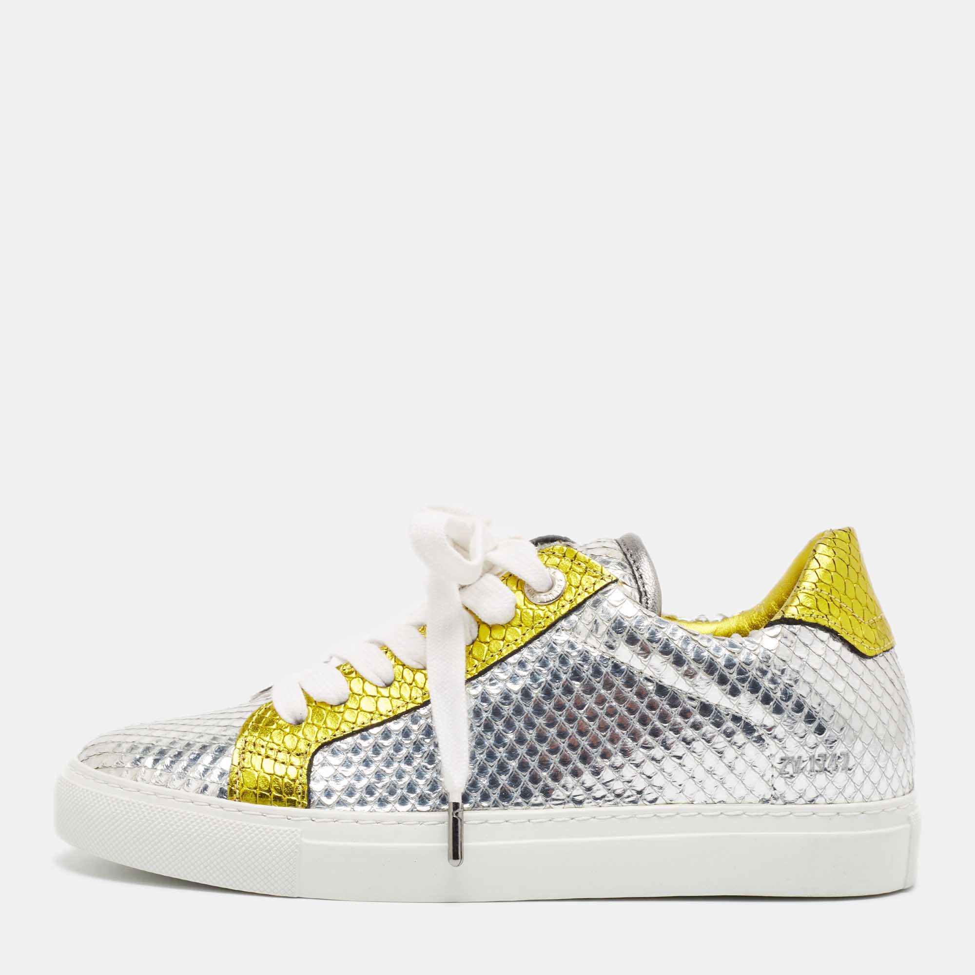 Pre-owned Zadig & Voltaire Silver Snakeskin Embossed Leather Lace Up Sneakers Size 36