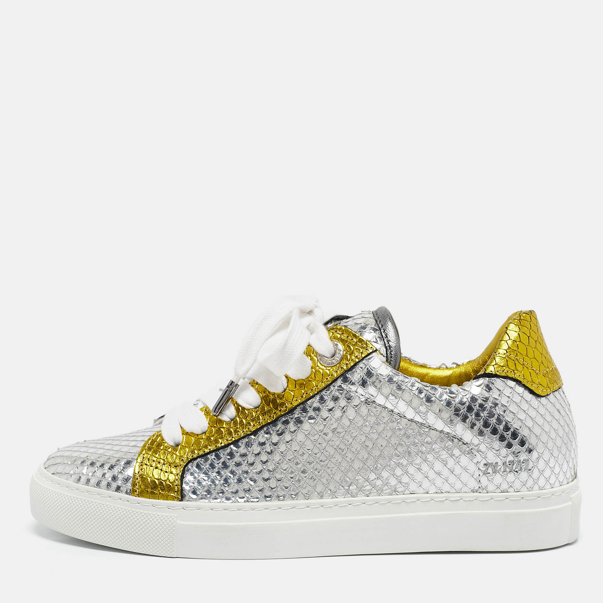 

Zadig & Voltaire Silver/Gold Snakeskin Embossed Leather Lace Up Sneakers Size