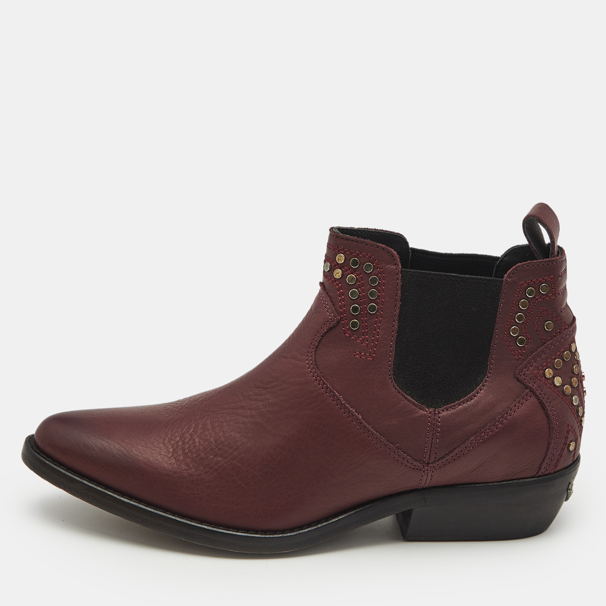 

Zadig & Voltaire Burgundy Leather Thylana Studded Ankle Boots Size