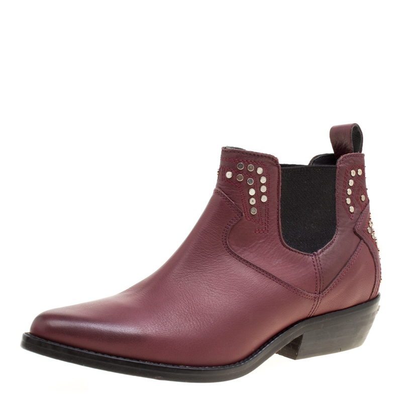 Pre Owned حذاء بوت كاحل زادك آند فولتير  مقدمة مدببة مرصع جلد عنابي مقاس 37