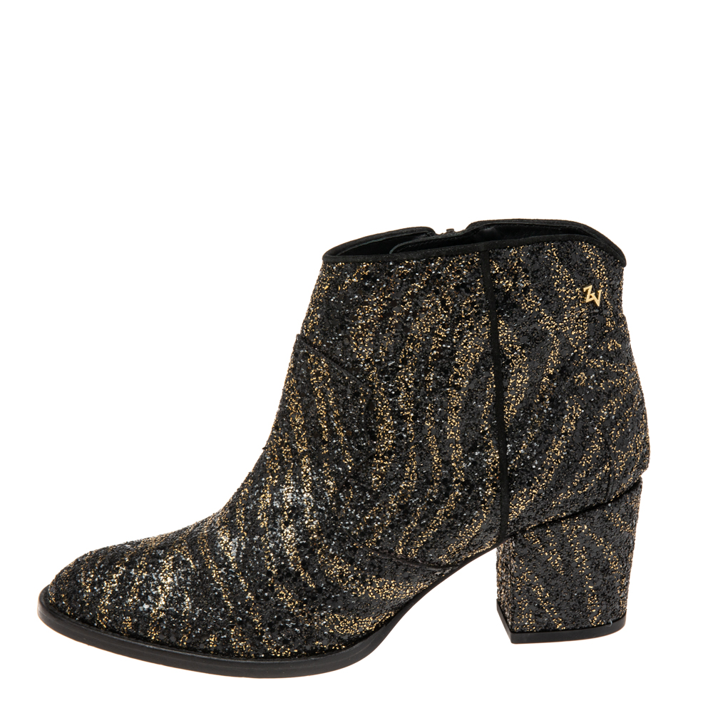 

Zadig and Voltaire Metallic Black/Gold Coarse Glitter Molly Ankle Boots Size