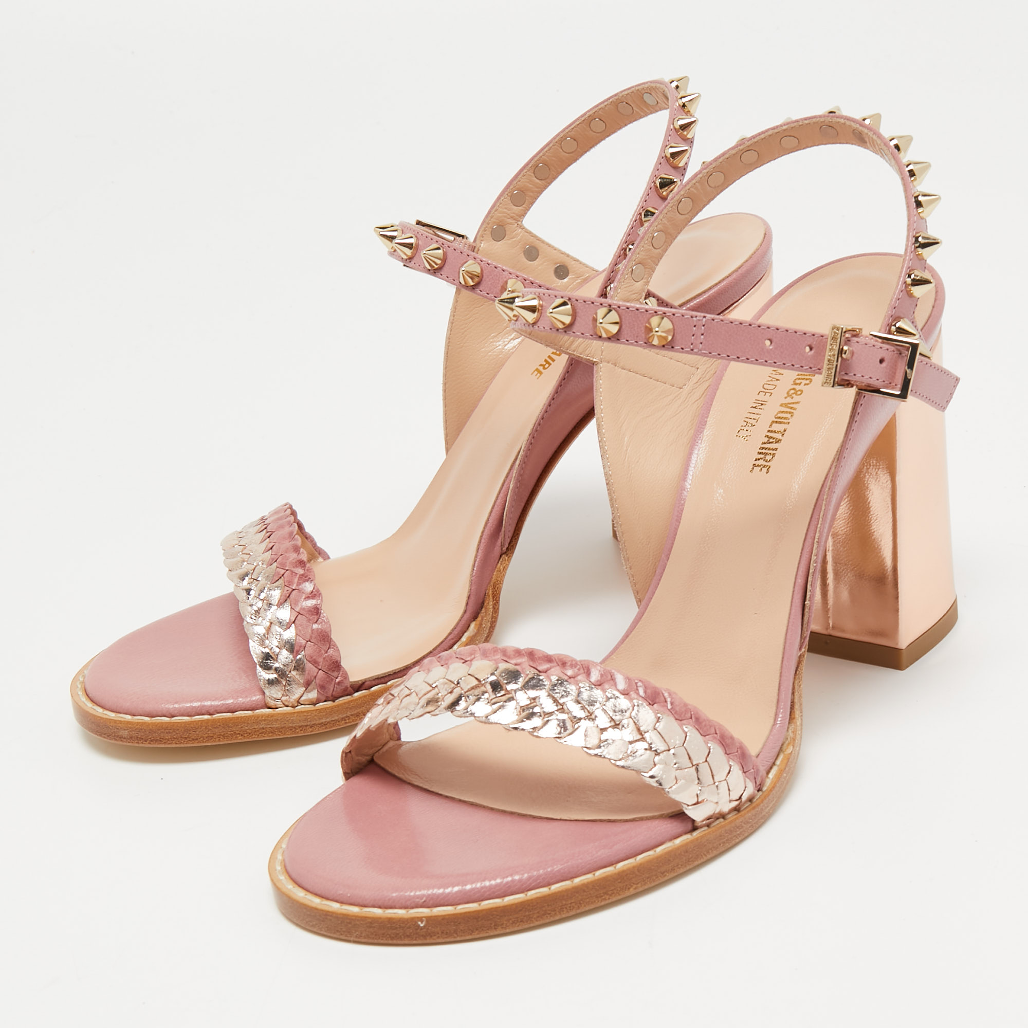 

Zadig and Voltaire Metallic/Pink Braided Leather Ankle Strap Sandals Size