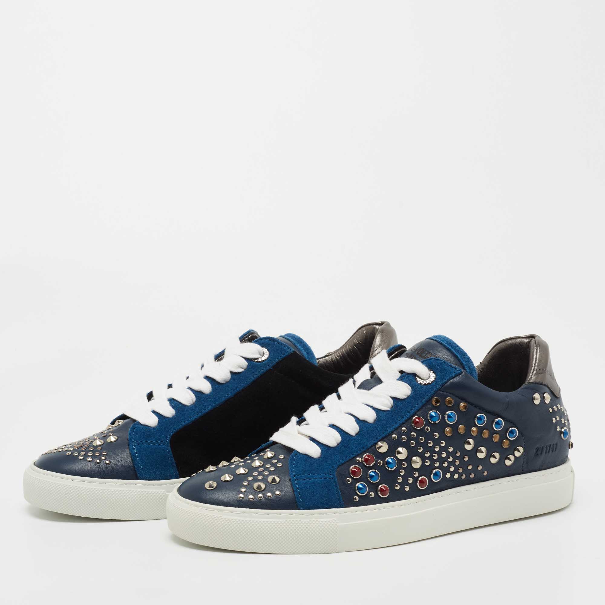 

Zadig and Voltaire Tricolor Studded Leather and Suede Jungle Clous Sneakers Size, Blue