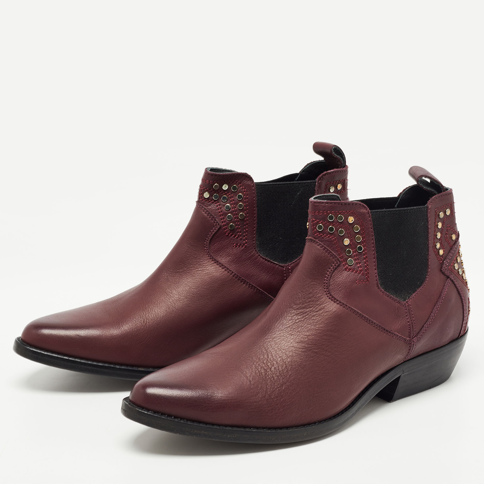 

Zadig and Voltaire Burgundy Leather Thylana Studded Ankle Boots Size