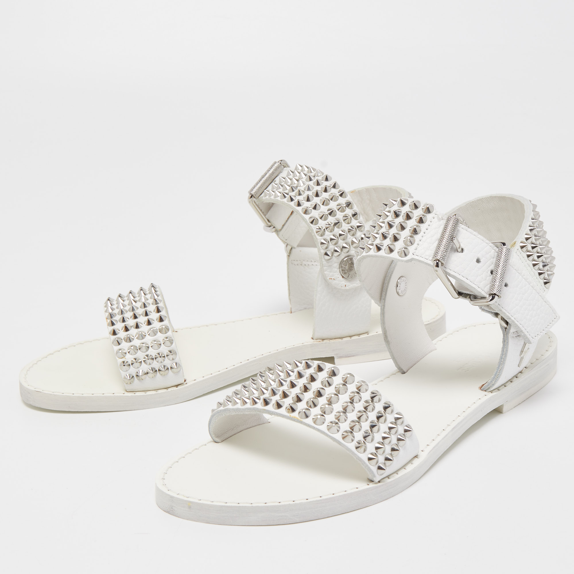 

Zadig and Voltaire White Leather Ankle Strap Spiked Sandals Size