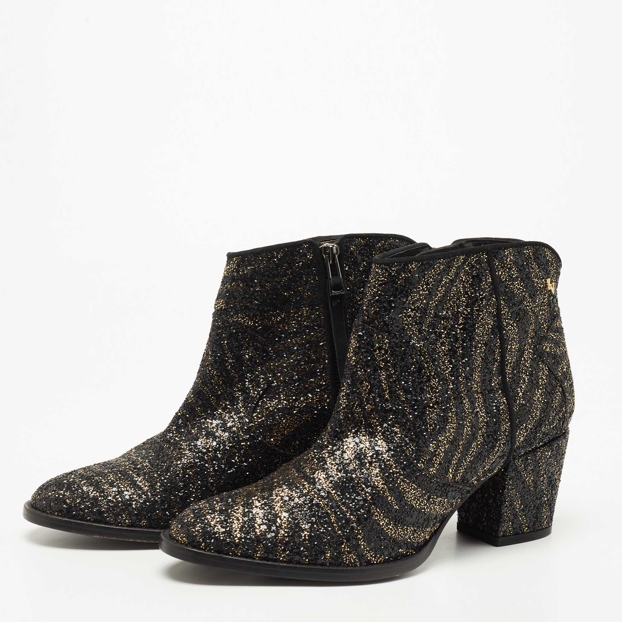 

Zadig & Voltaire Gold/Black Glitter Molly Block Heel Ankle Boots Size