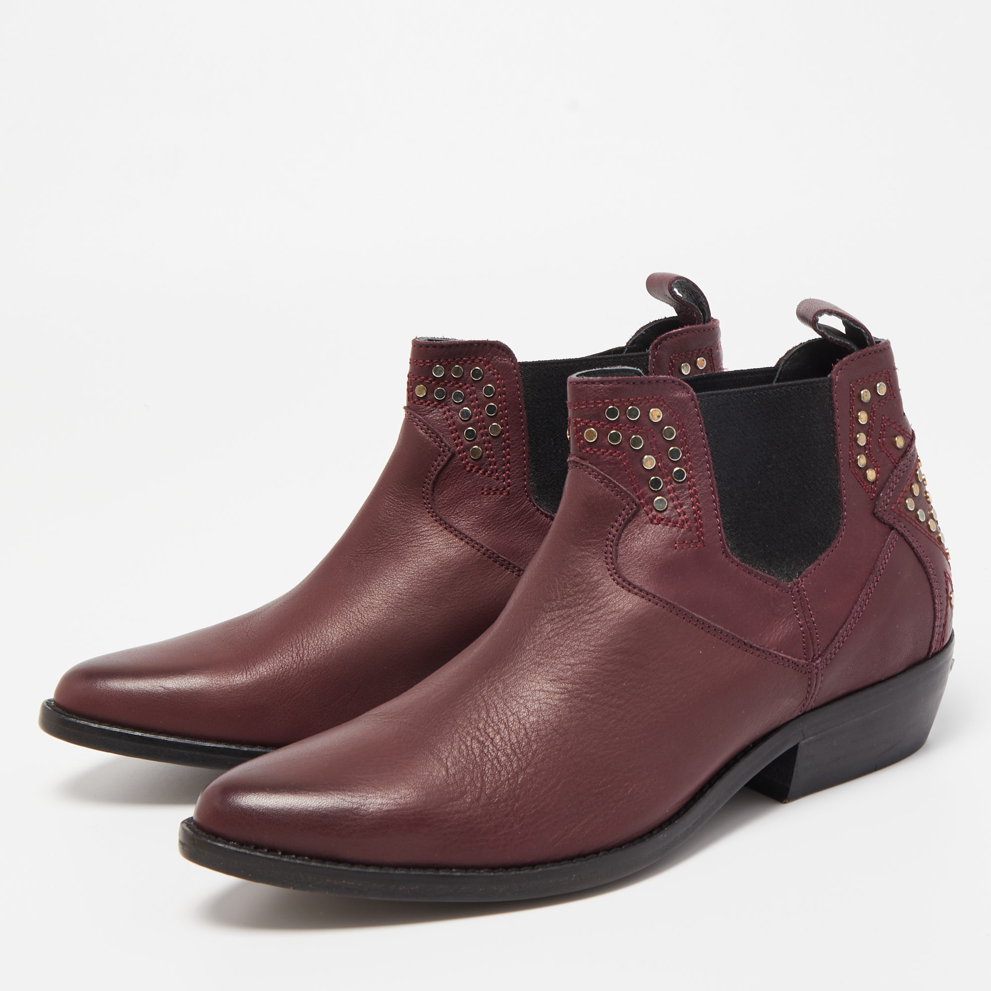 

Zadig and Voltaire Burgundy Leather Studded Pointed Toe Ankle Boots Size