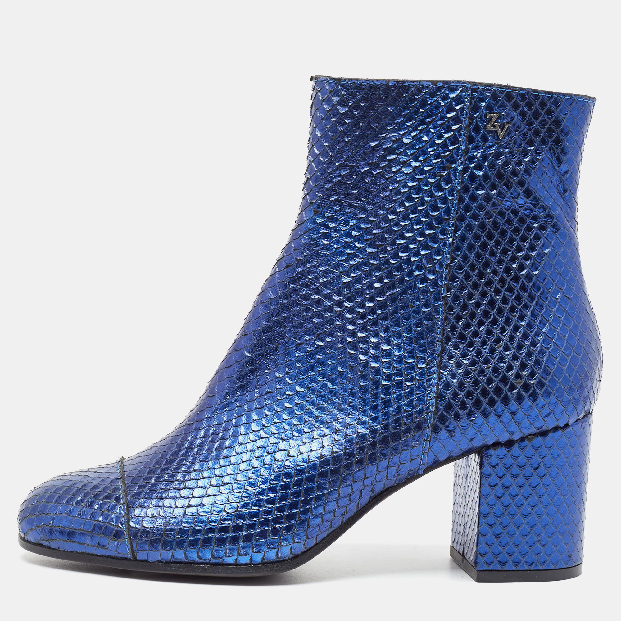Pre-owned Zadig & Voltaire Zadiq & Voltaire Blue Python Leather Block Heel Ankle Boots Size 37