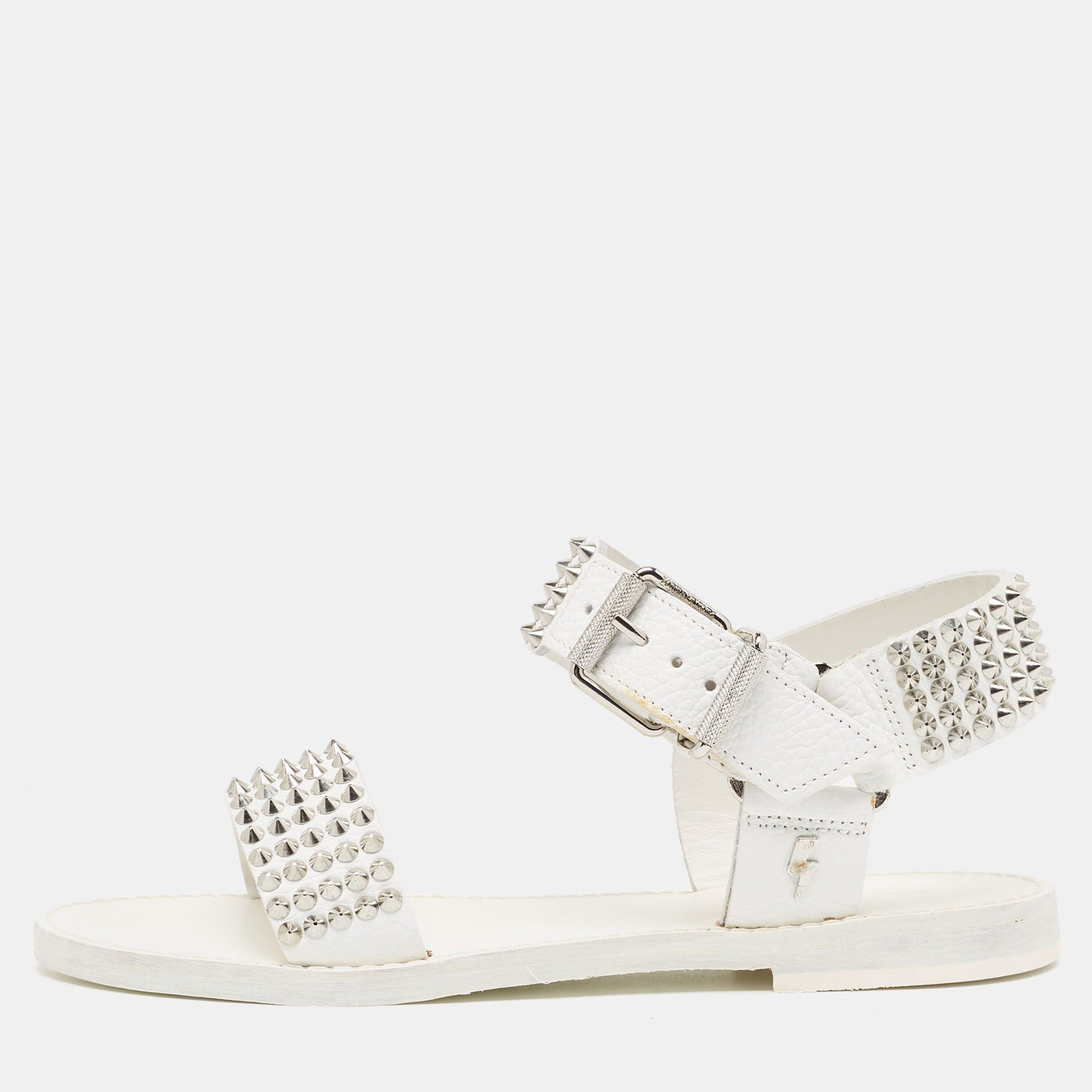 

Zadig and Voltaire White Leather Spiked Ankle Strap Flat Sandals Size