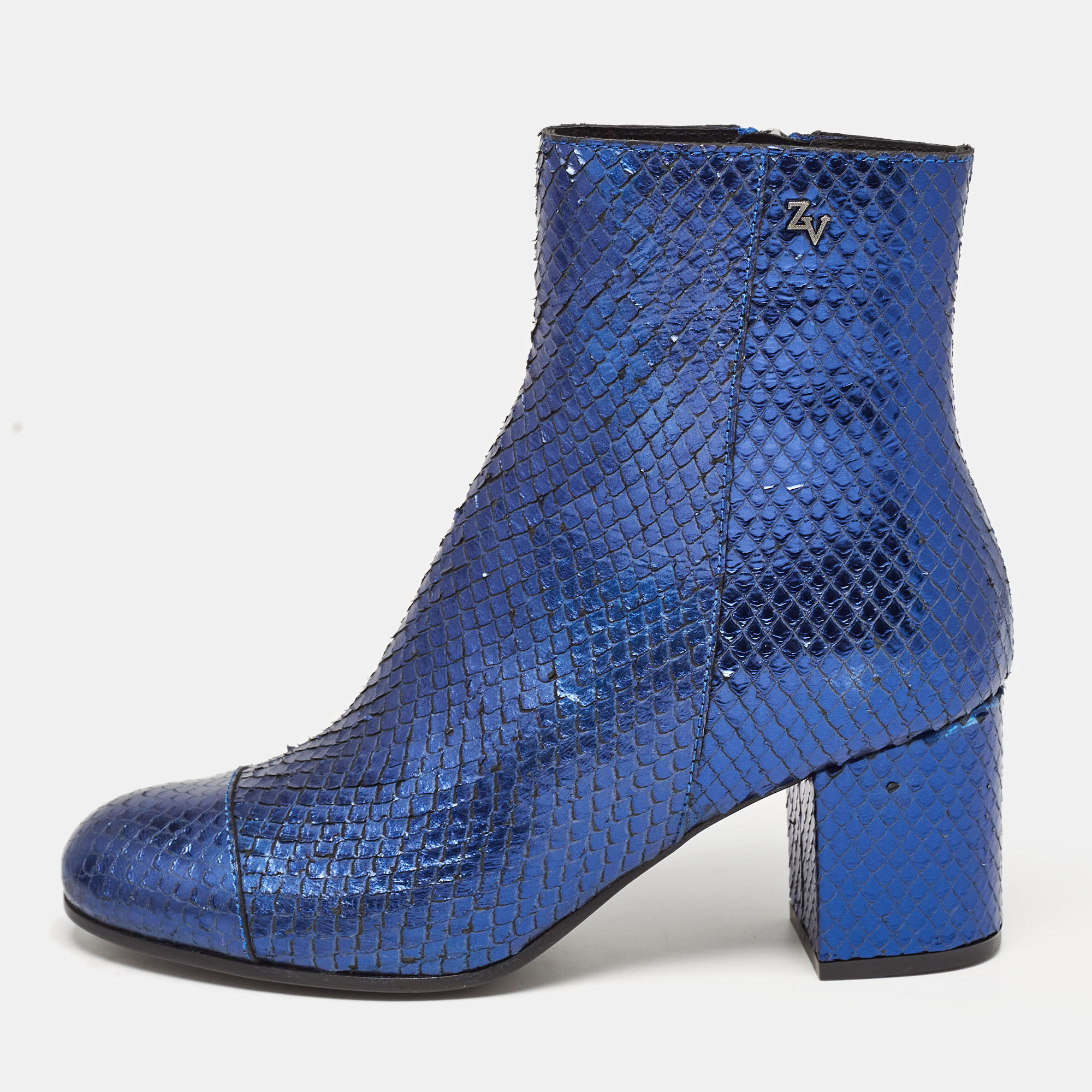 Pre-owned Zadig & Voltaire Metallic Blue Snakeskin Embossed Leather Zip Ankle Boots Size 36