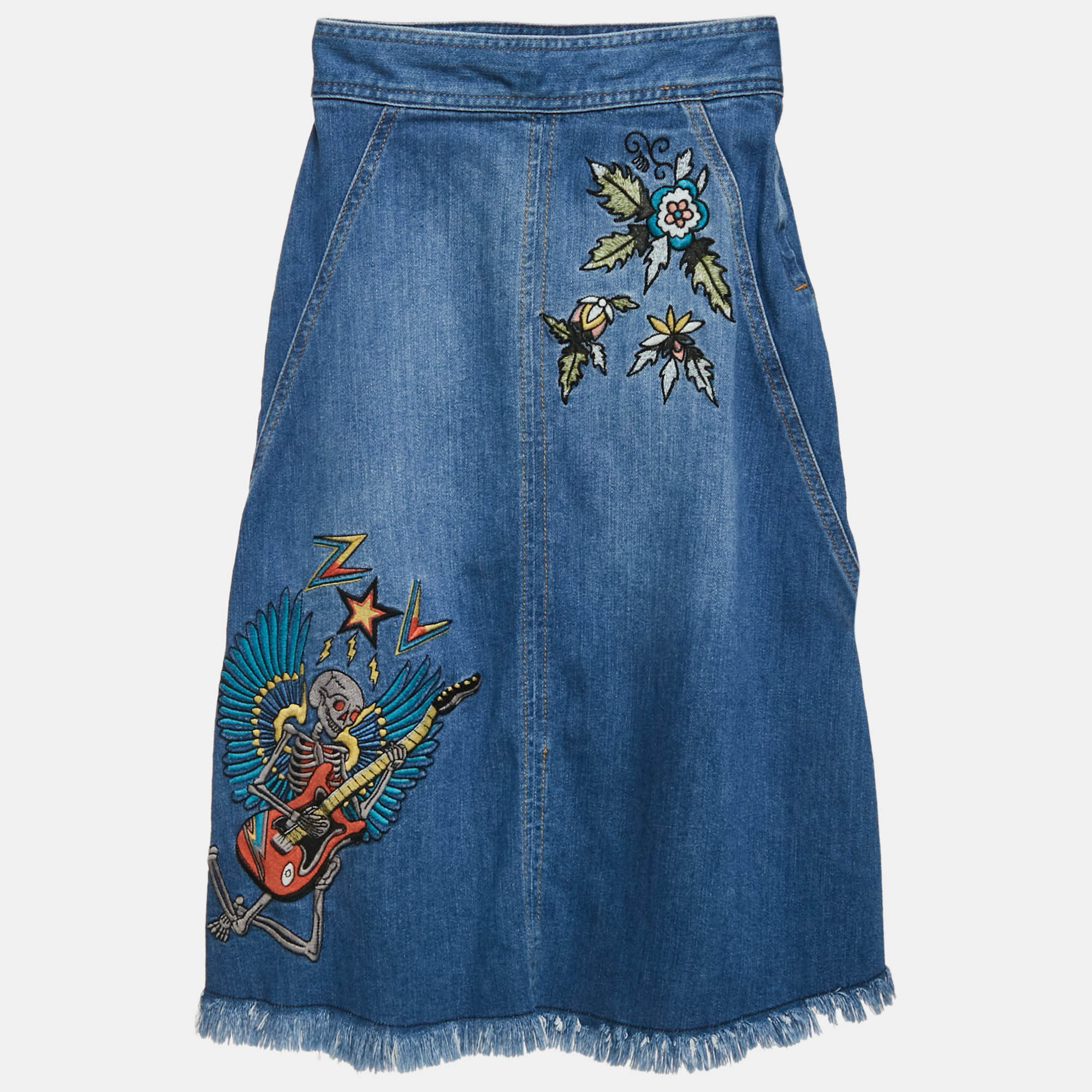 

Zadig & Voltaire Blue Applique Denim Raw Edge Midi Skirt S