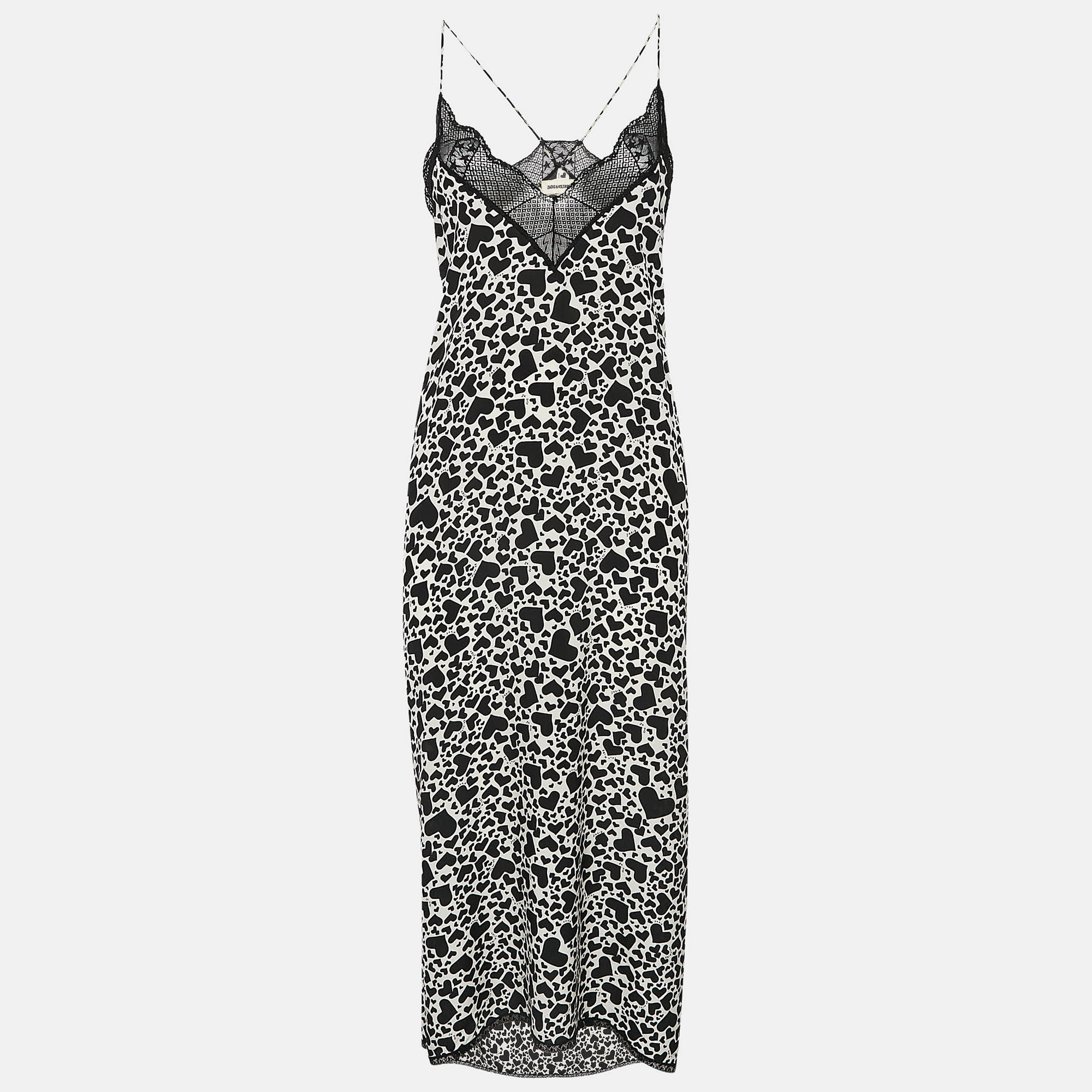 

Zadig & Voltaire Black/White Hearts Risty Print Silk and Lace Trim Midi Slip Dress L