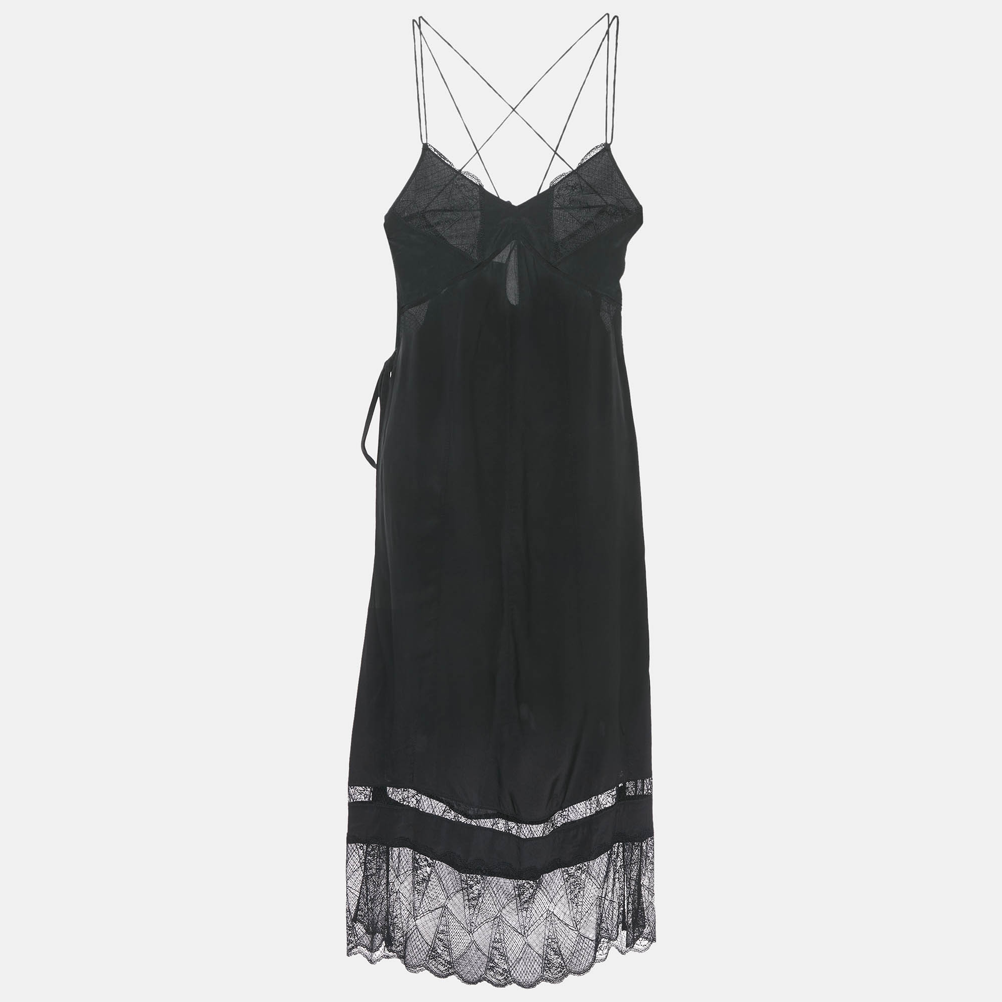 

Zadig & Voltaire Black Lace Trim and Silk Midi Slip Dress M