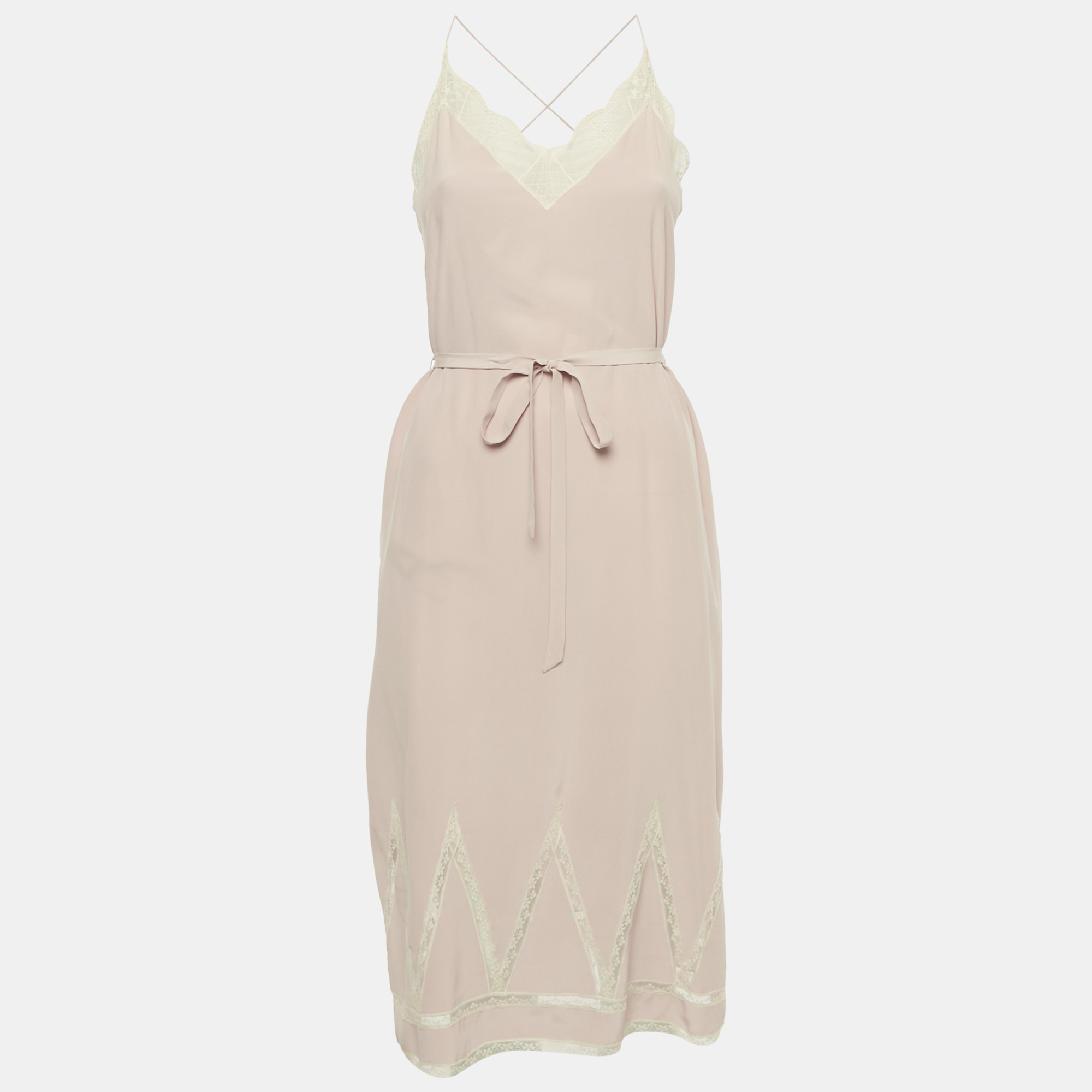 Pre-owned Zadig & Voltaire Pink Silk Lace Trimmed Chery Crepuscule Midi Slip Dress Xs