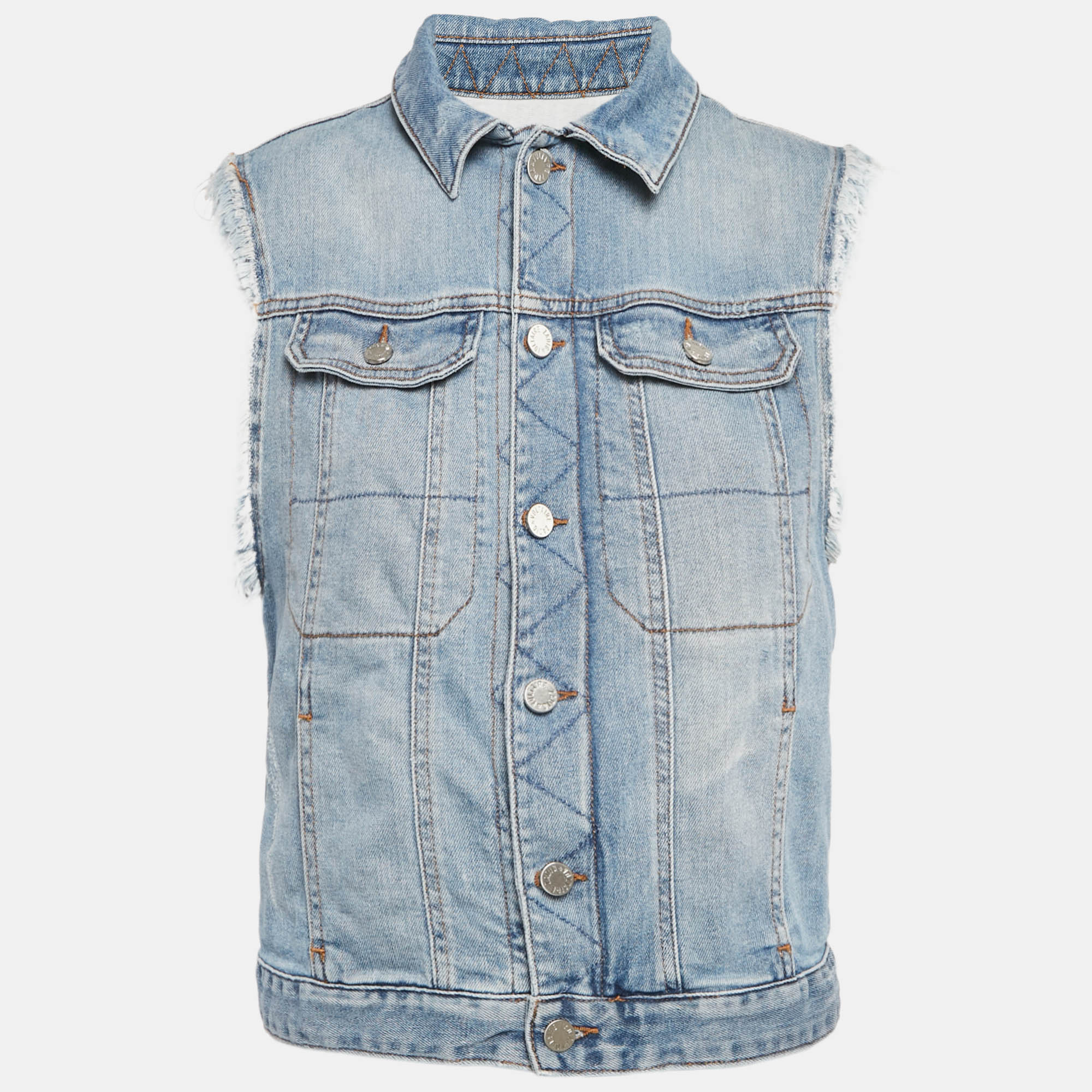 Pre-owned Zadig & Voltaire Blue Embroidered Denim Sleeveless Kio Brode Jacket L