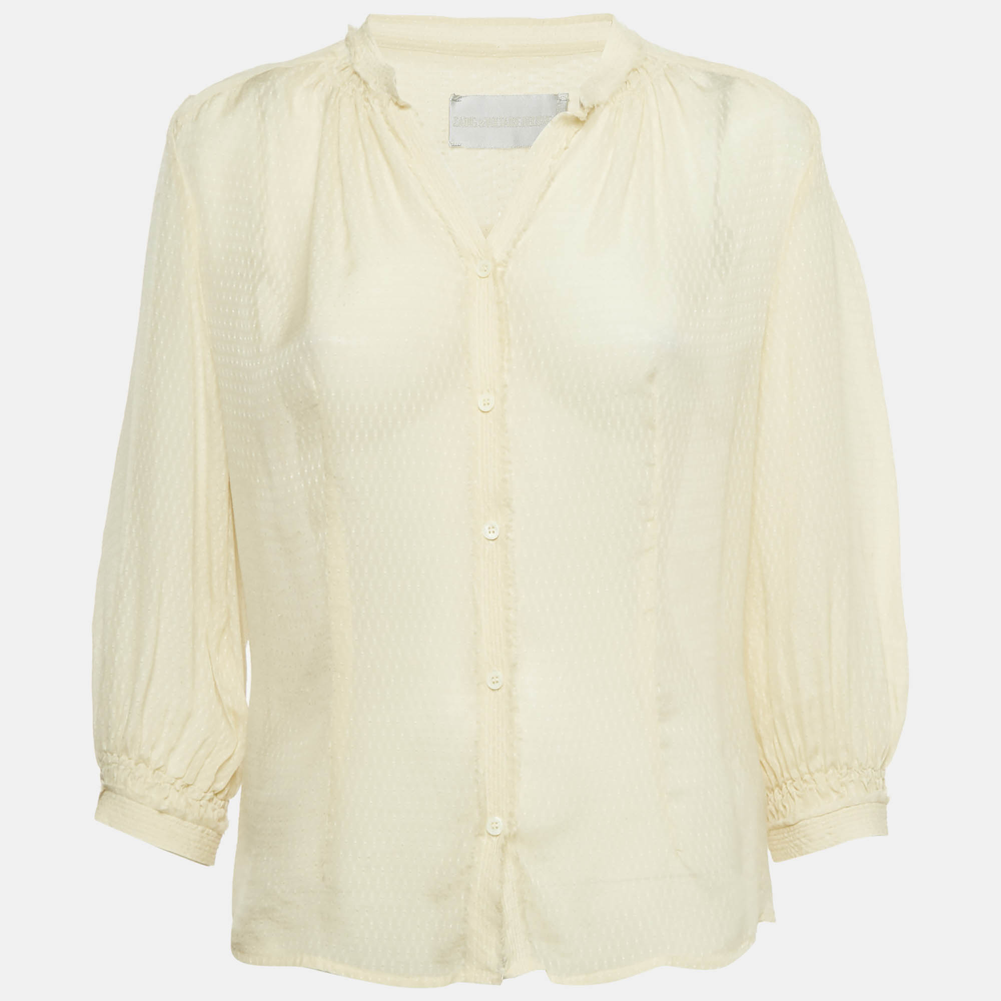 Pre-owned Zadig & Voltaire Deluxe Cream Patterned Silk Tack Dob Blouse S In White