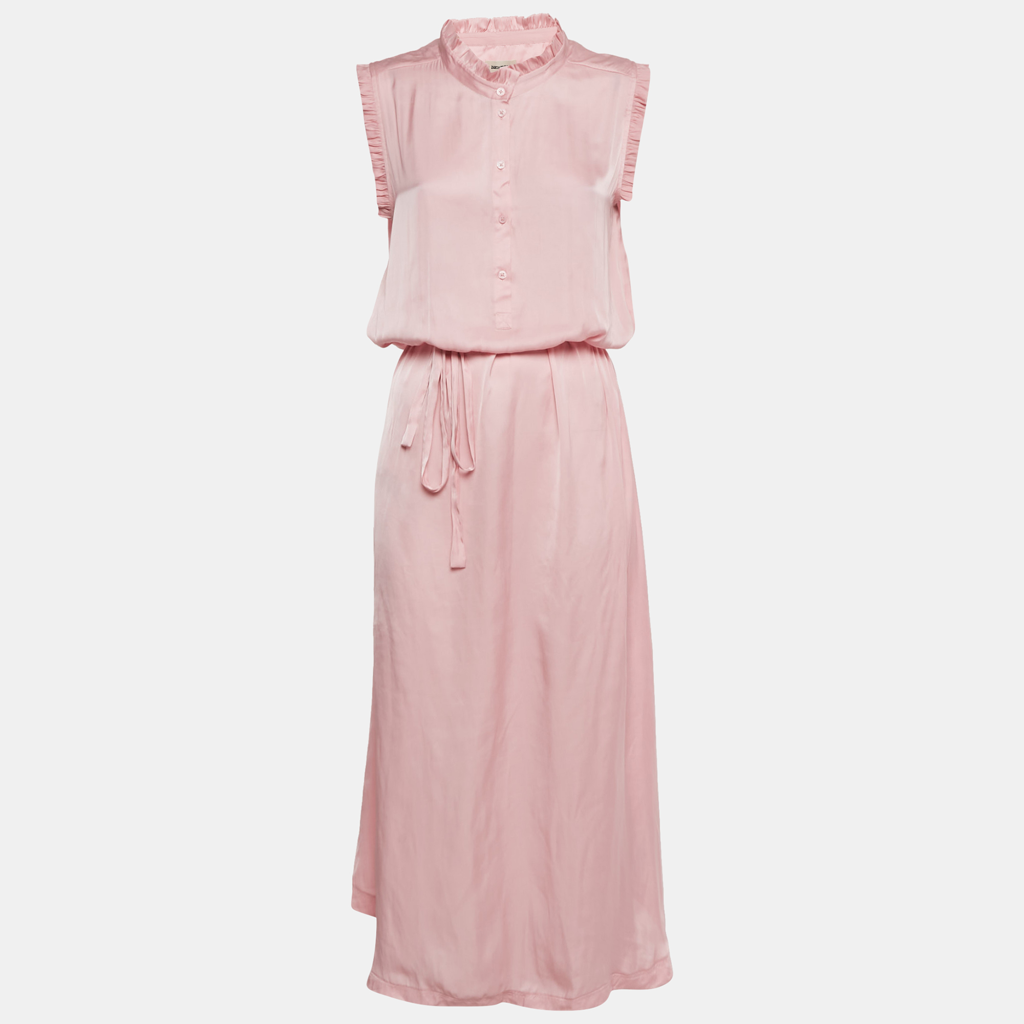 Pre-owned Zadig & Voltaire Pink Satin Belted Raos Midi Dress M