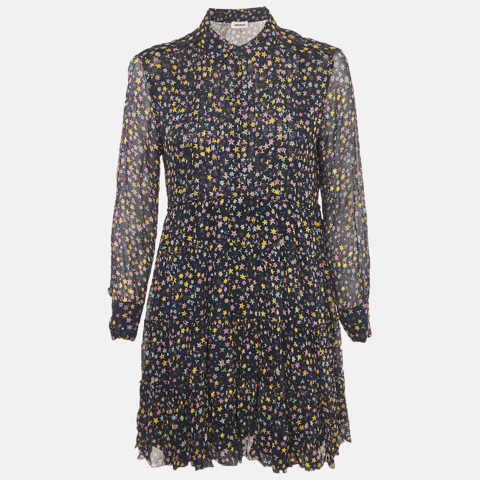 Click to view more detailed imagery on our partner's website Pre-owned Zadig & Voltaire Navy Blue Rapidy Crinkle Printed Chiffon Mini Dress Xs