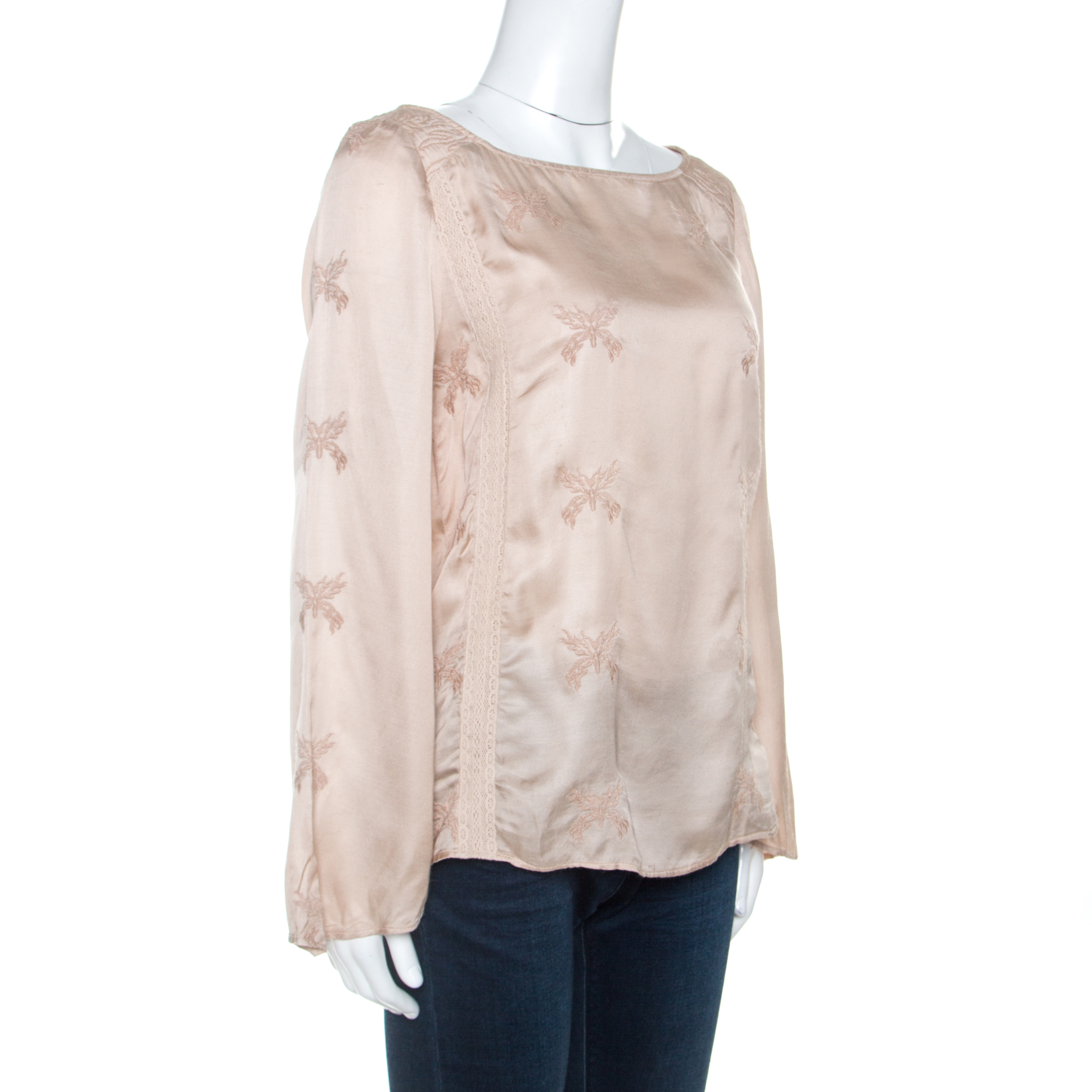 

Zadig & Voltaire Beige Embroidered Satin Lace Trim Toxanne Brod Top