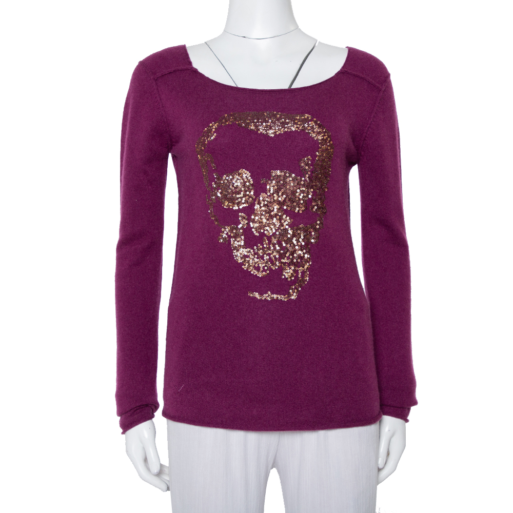 Pre-owned Zadig And Voltaire Zadig & Voltaire Luxe Purple Cashmere Sequin Embellished Skull Detail Sweater S