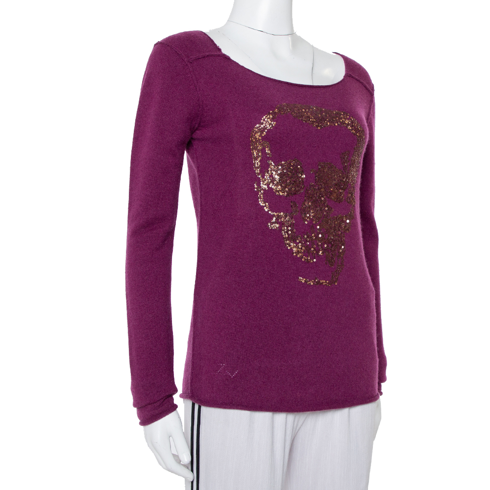 

Zadig & Voltaire Luxe Purple Cashmere Sequin Embellished Skull Detail Sweater
