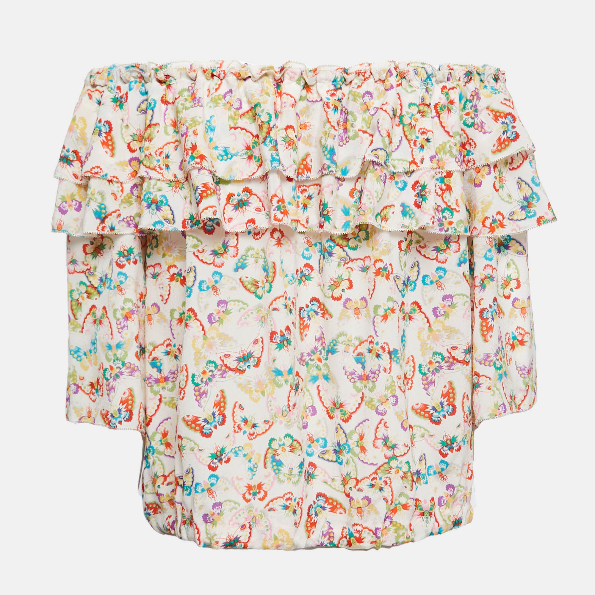 

Zadig and Voltaire Multicolor Butterfly Printed Silk Tie Detail Off-Shoulder Crop Top