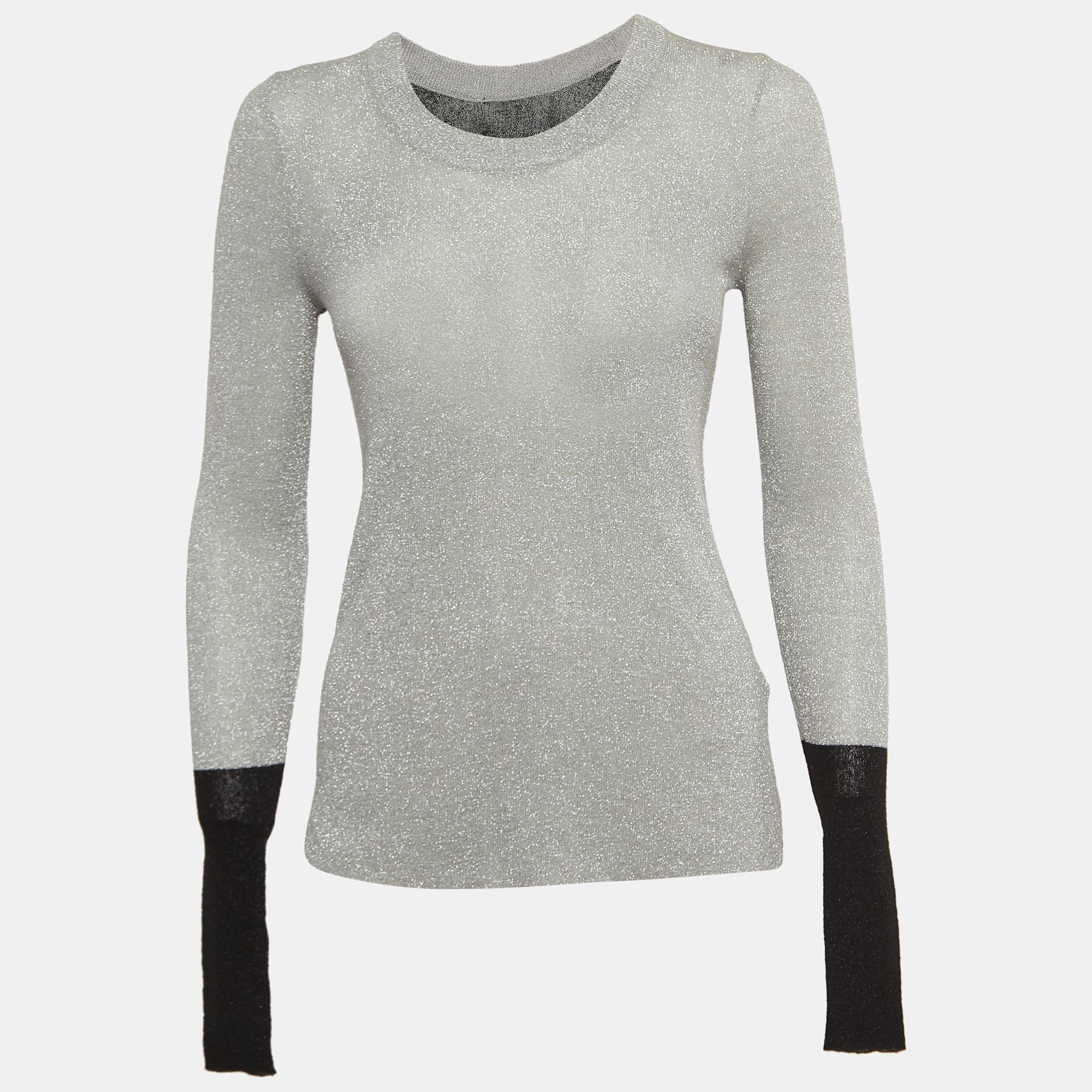 Pre-owned Zadig & Voltaire Grey/black Lurex Knit Round Neck Sweater S