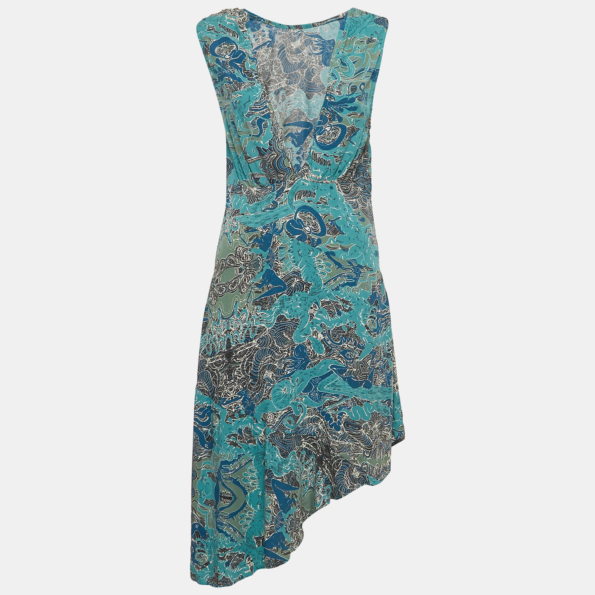 Pre-owned Zadig & Voltaire Blue Printed Crepe Asymmetrical Sleeveless Midi Dress Xs In Green